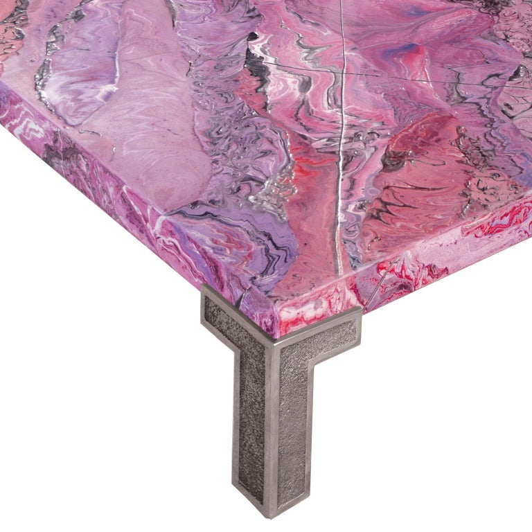 Italian Coffee Table Ametista Marbled Scagliola Decoration Texturized Metal Feet For Sale