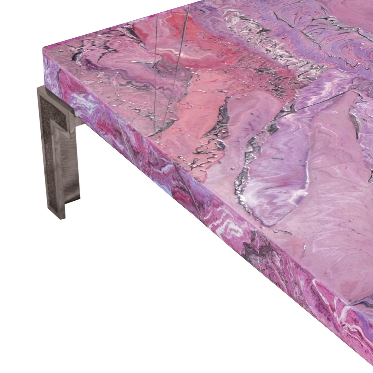 Hand-Crafted Coffee Table Ametista Marbled Scagliola Decoration Texturized Metal Feet