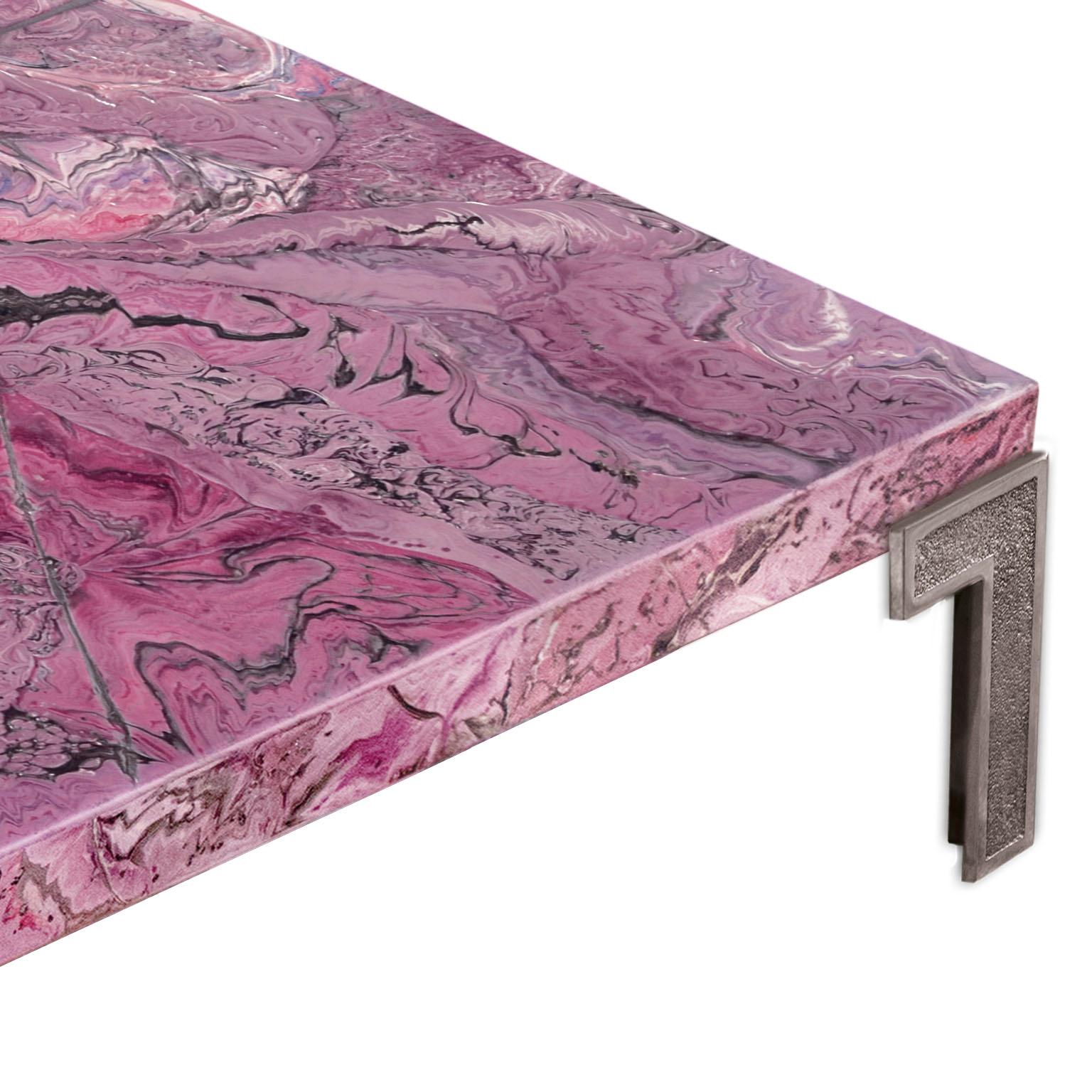 Coffee Table Ametista Marbled Scagliola Decoration Texturized Metal Feet In New Condition In Rimini, IT