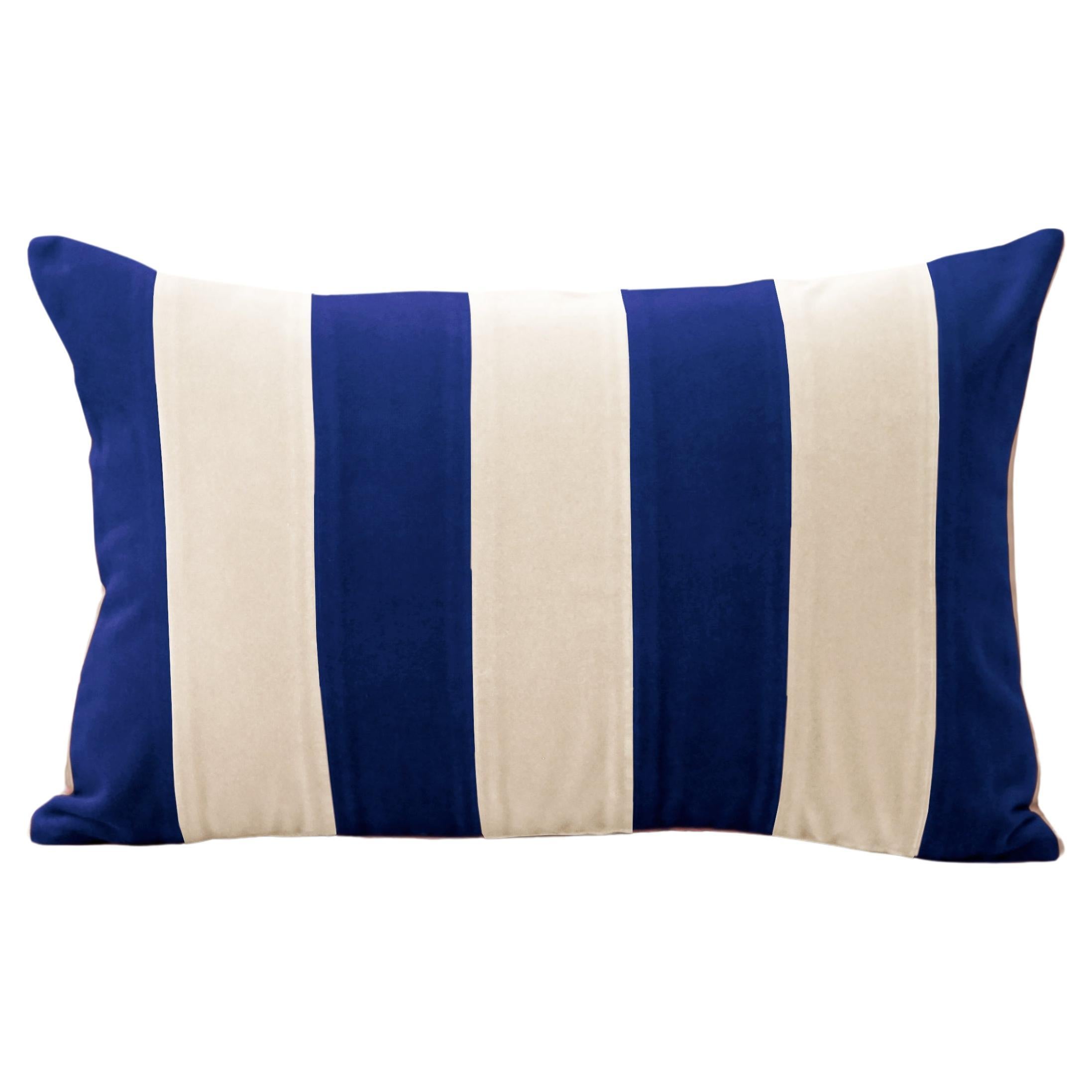 Ametista II Cuscino a righe Deluxe in velluto blu cobalto e avorio