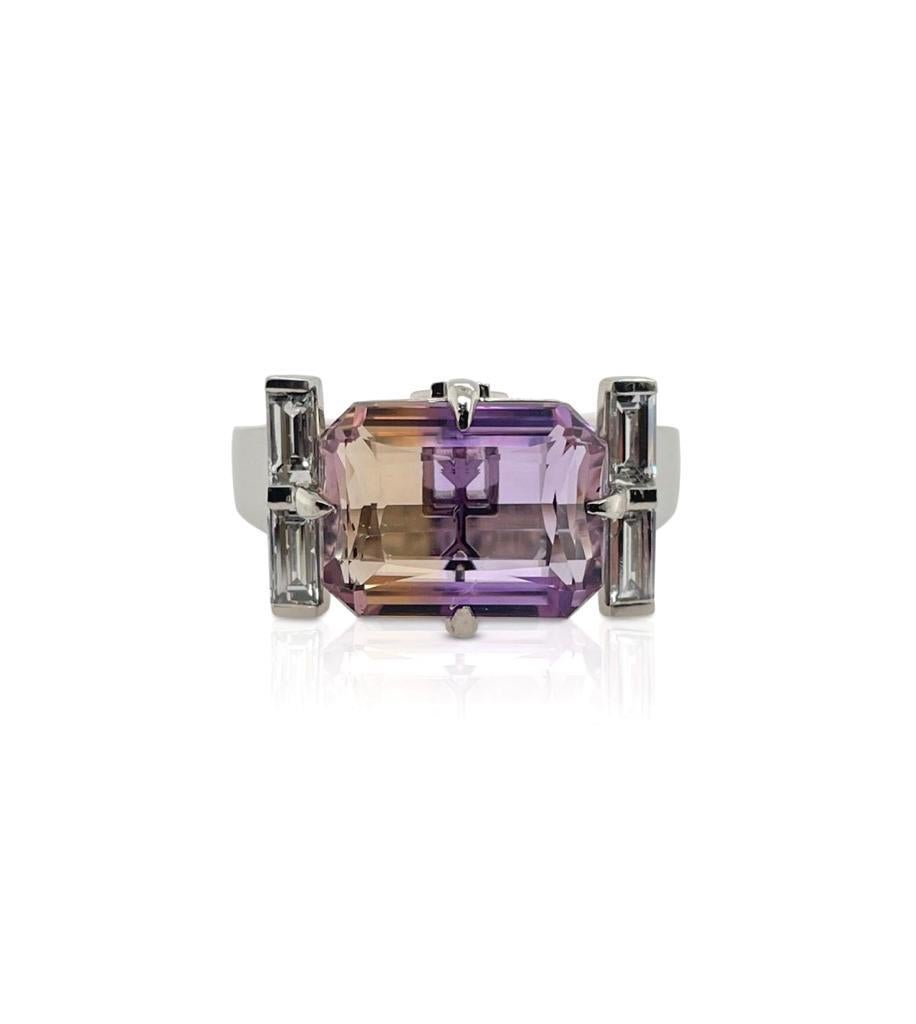 Made to order to your custom size  * Please contact

Platinum

Featuring a emerald cut Ametrine in the centre surrounded by 4 FSI baguette cut diamonds

Unisex style engagement ring or statement ring

Please contact our designer to select your