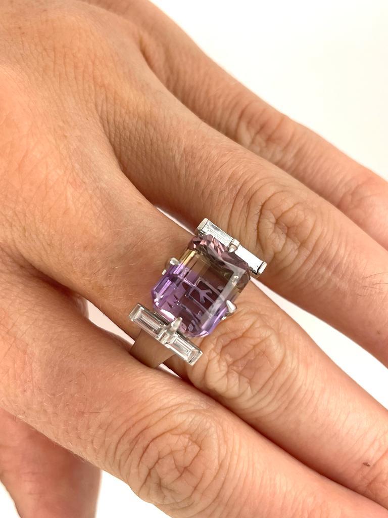 Baguette Cut Ametrine and Baguette Diamond Ring in Platinum