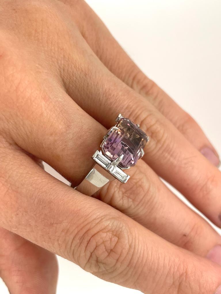 Women's or Men's Ametrine and Baguette Diamond Ring in Platinum