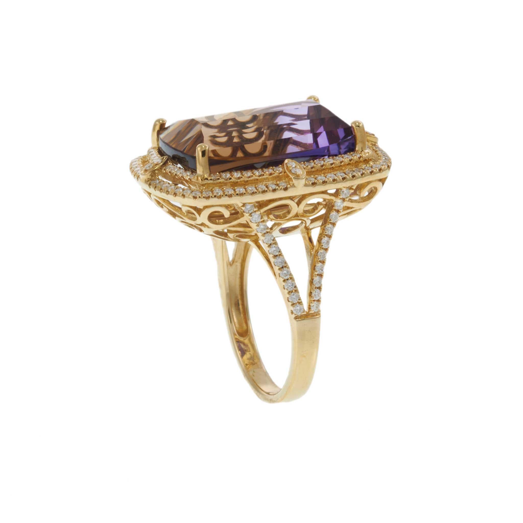 Taglio rotondo Anello a doppio anello con ametrino e diamante in oro giallo 14 carati in vendita