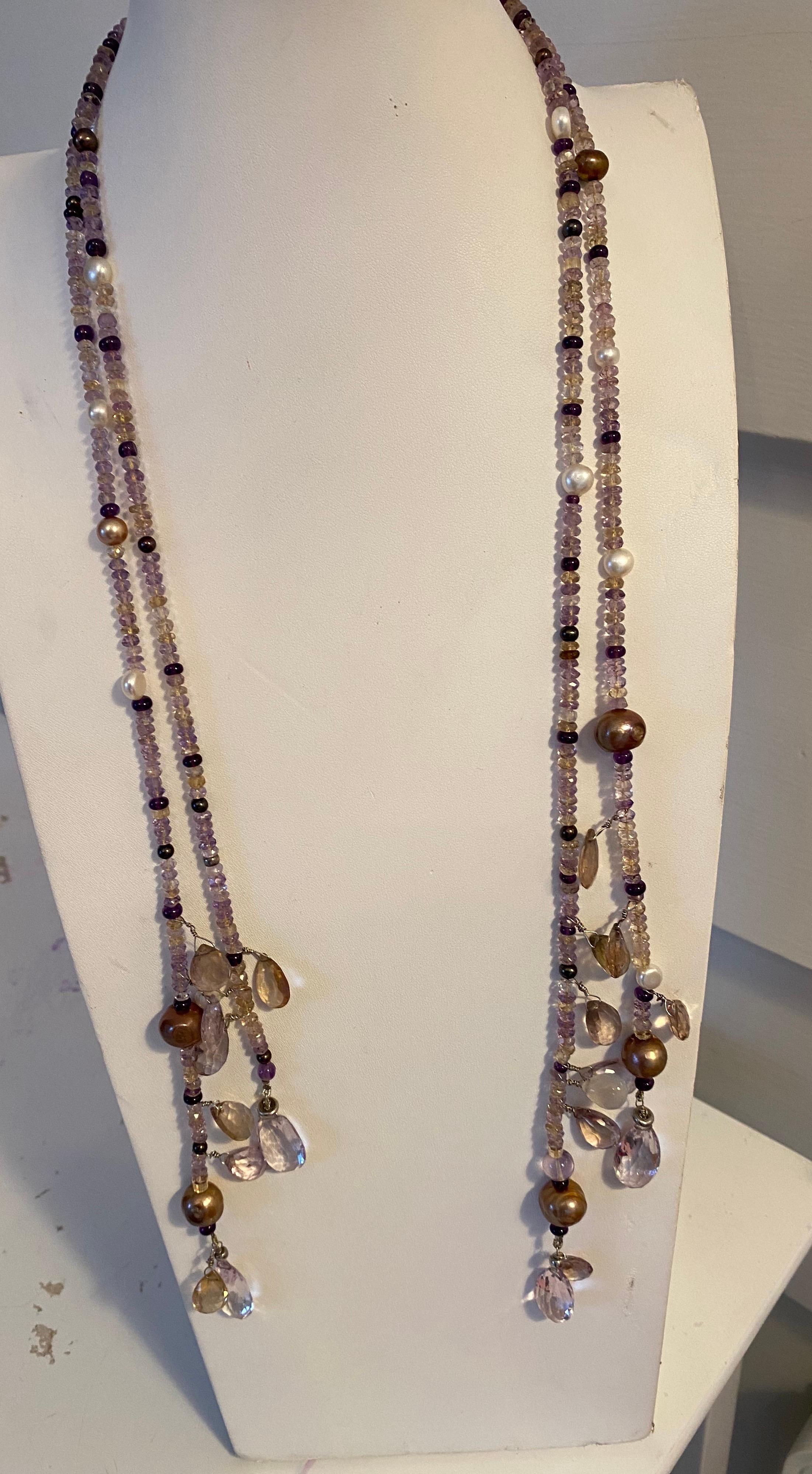 Artisan Ametrine Gemstone and Freshwater Pearl Lariat Necklace with a Silver Clasp For Sale