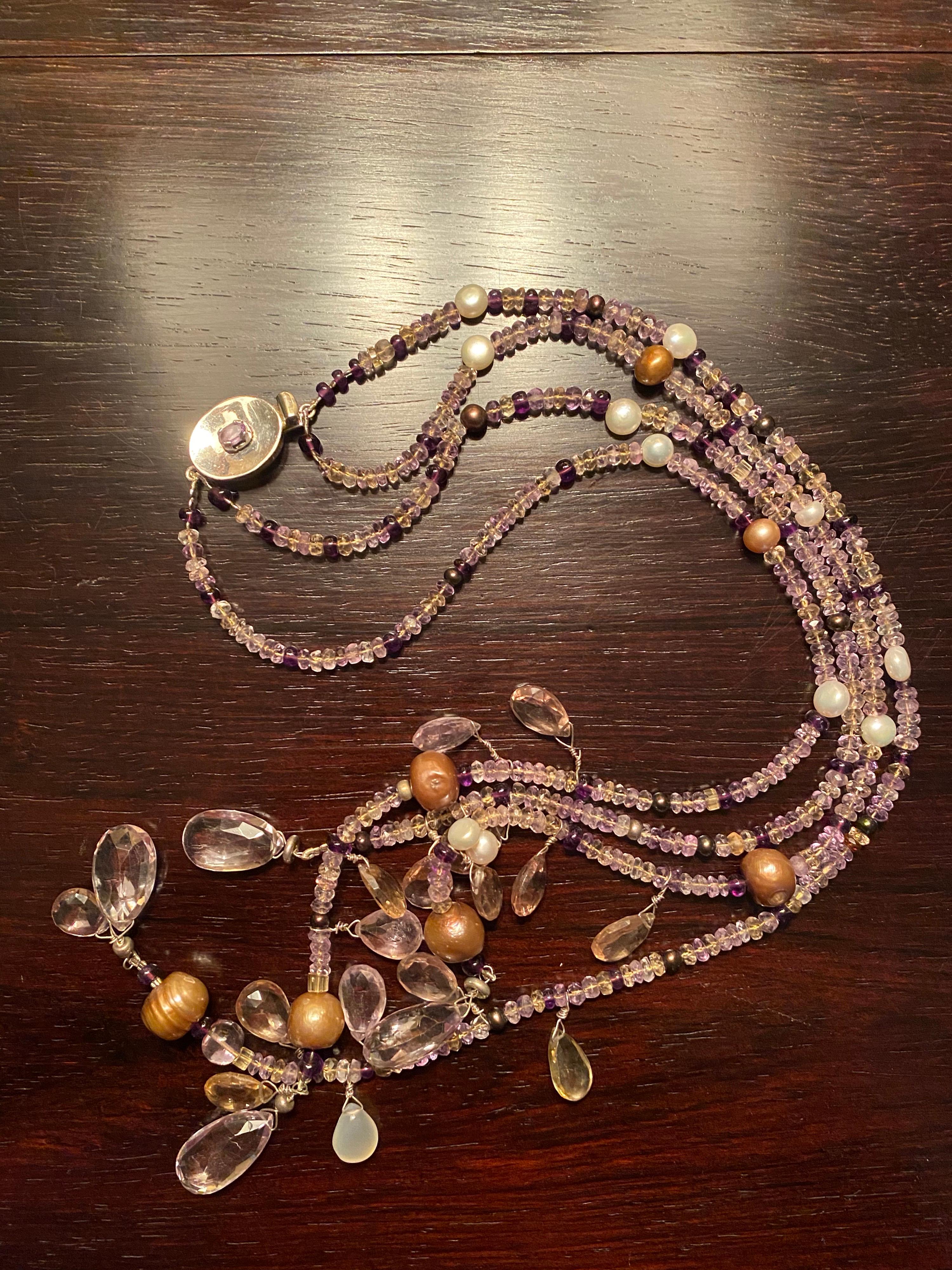 Briolette Cut Ametrine Gemstone and Freshwater Pearl Lariat Necklace with a Silver Clasp For Sale
