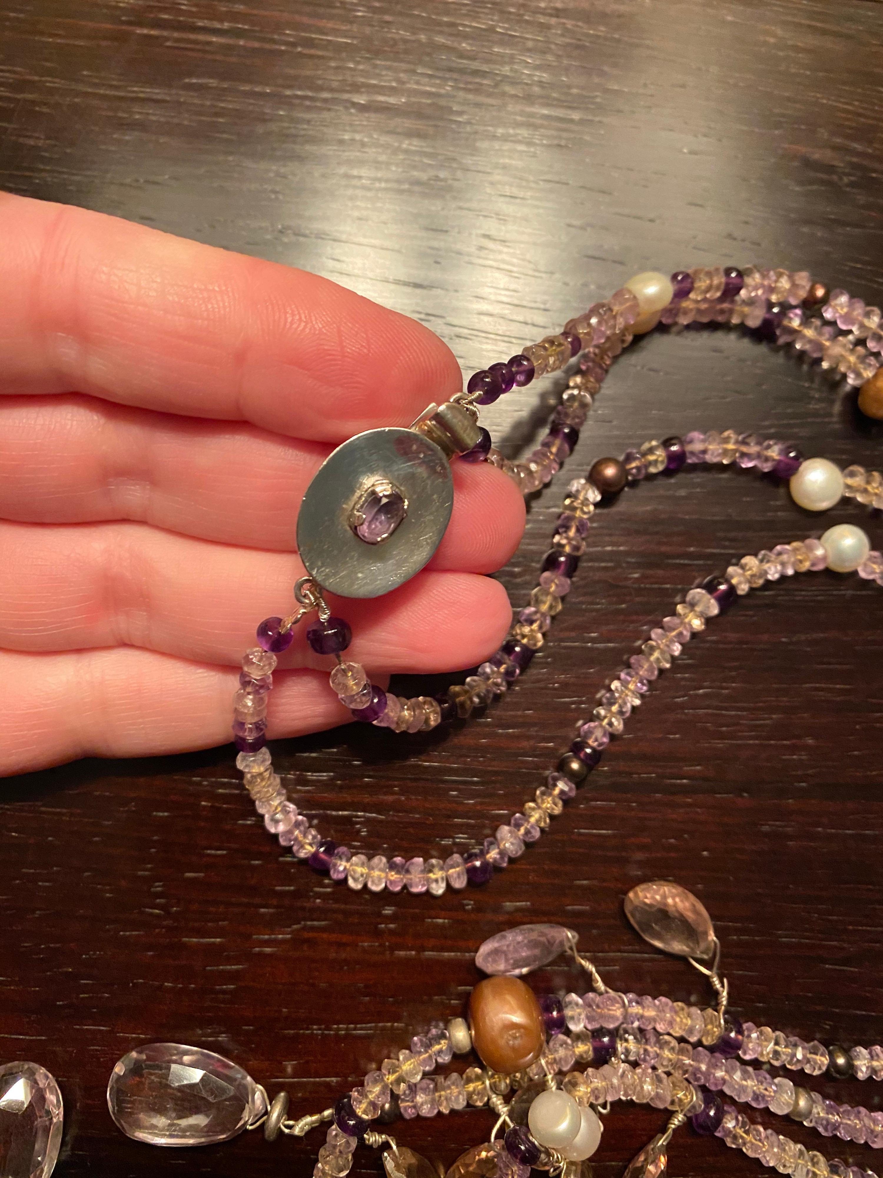 Ametrine Gemstone and Freshwater Pearl Lariat Necklace with a Silver Clasp In New Condition For Sale In New York, NY