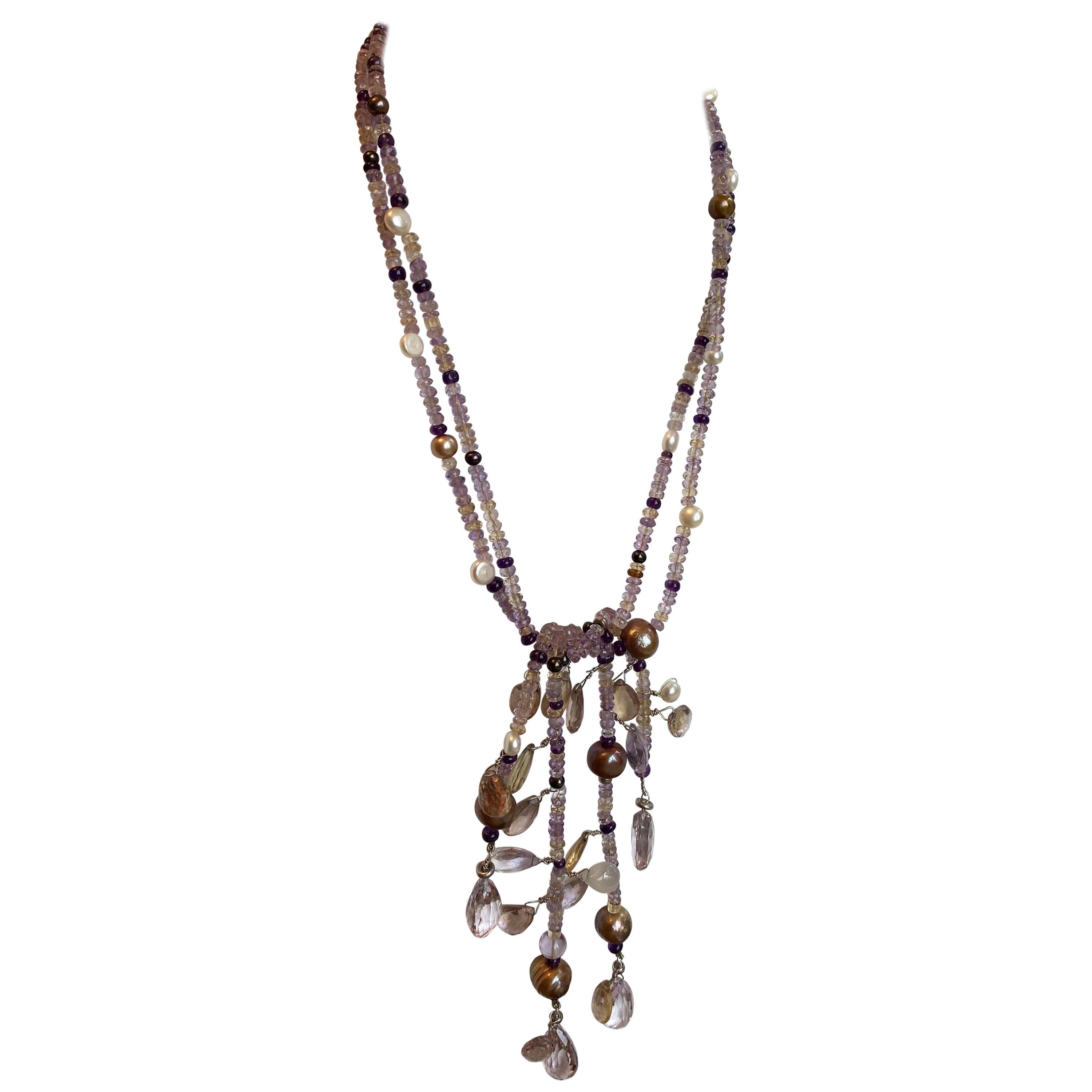Ametrine Gemstone and Freshwater Pearl Lariat Necklace with a Silver Clasp For Sale