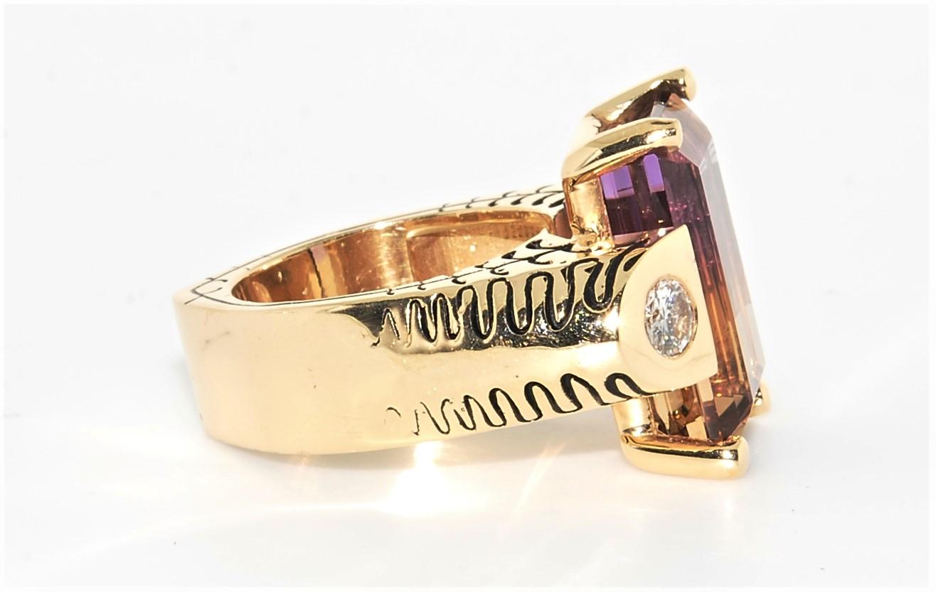 Big and bold. For the right person this ring is spectacular. It has a magical and whimsical quality to it. The gorgeous Ametrine center measures 18 x 13 mm's and weighs 15.65 carats. It's color zone splits right in the middle. The ring has