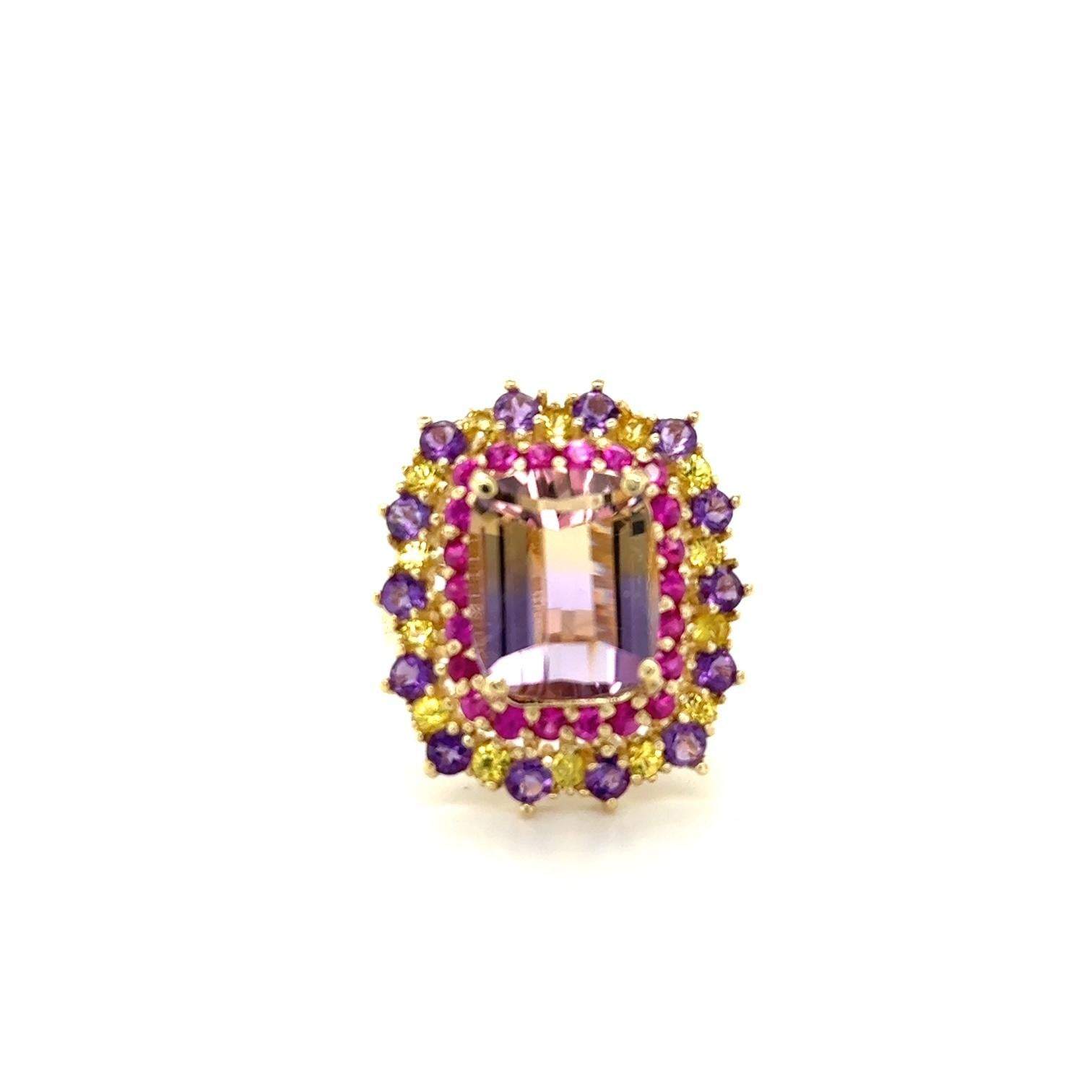 Contemporary Ametrine, Pink and Yellow Sapphire 7.88 Carat Yellow Gold Cocktail Ring For Sale