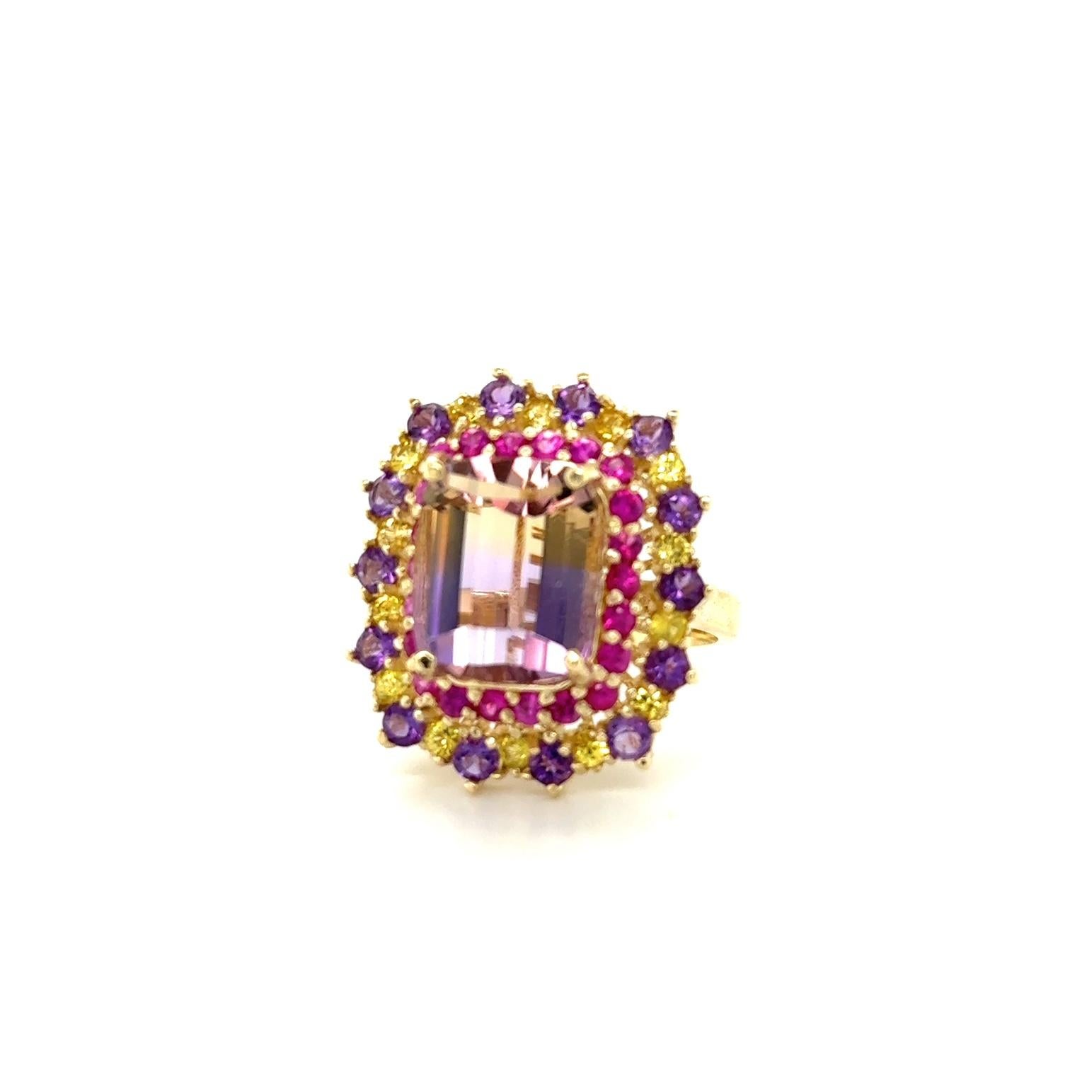 Emerald Cut Ametrine, Pink and Yellow Sapphire 7.88 Carat Yellow Gold Cocktail Ring For Sale
