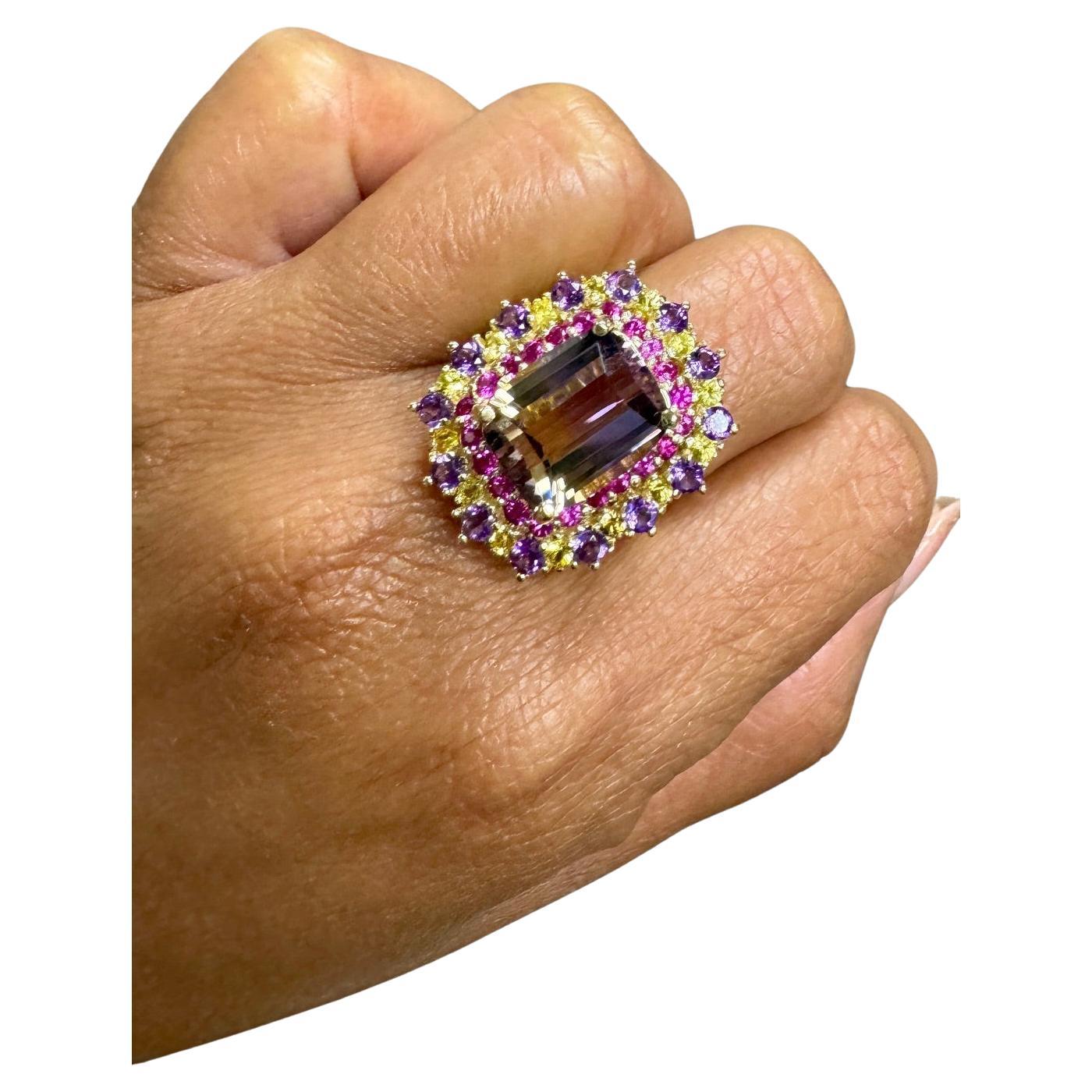 Ametrine, Pink and Yellow Sapphire 7.88 Carat Yellow Gold Cocktail Ring In New Condition For Sale In Los Angeles, CA