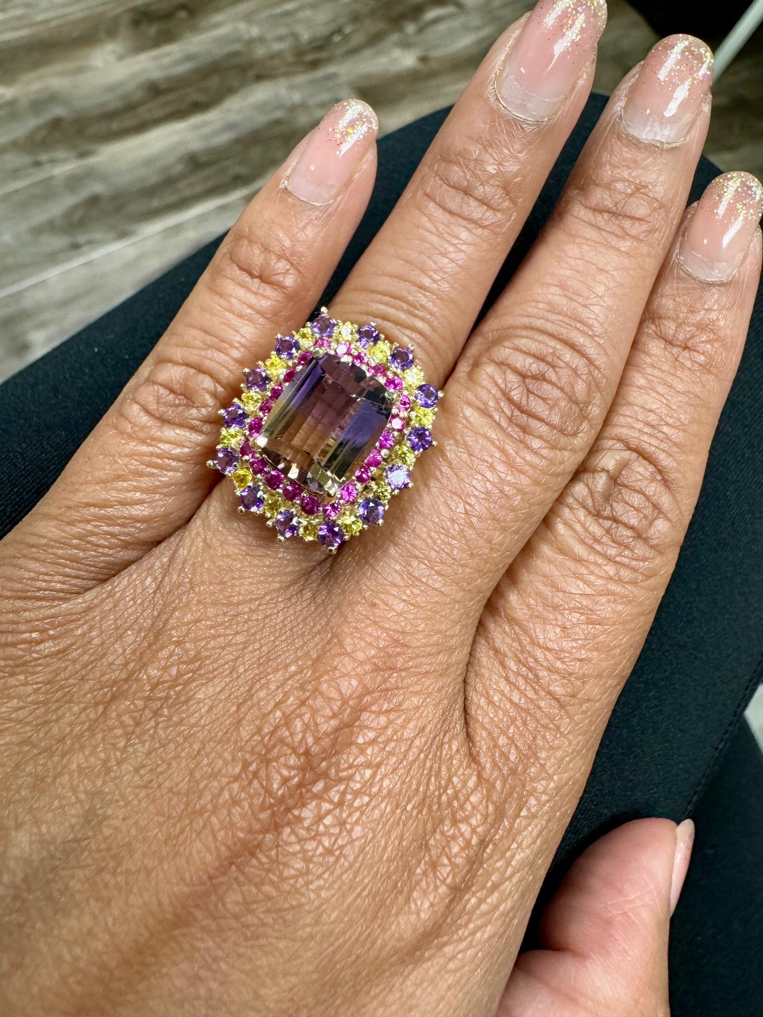 Ametrine, Pink and Yellow Sapphire 7.88 Carat Yellow Gold Cocktail Ring For Sale 1