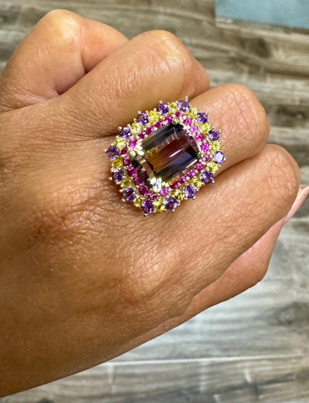 Ametrine, Pink and Yellow Sapphire 7.88 Carat Yellow Gold Cocktail Ring For Sale 2