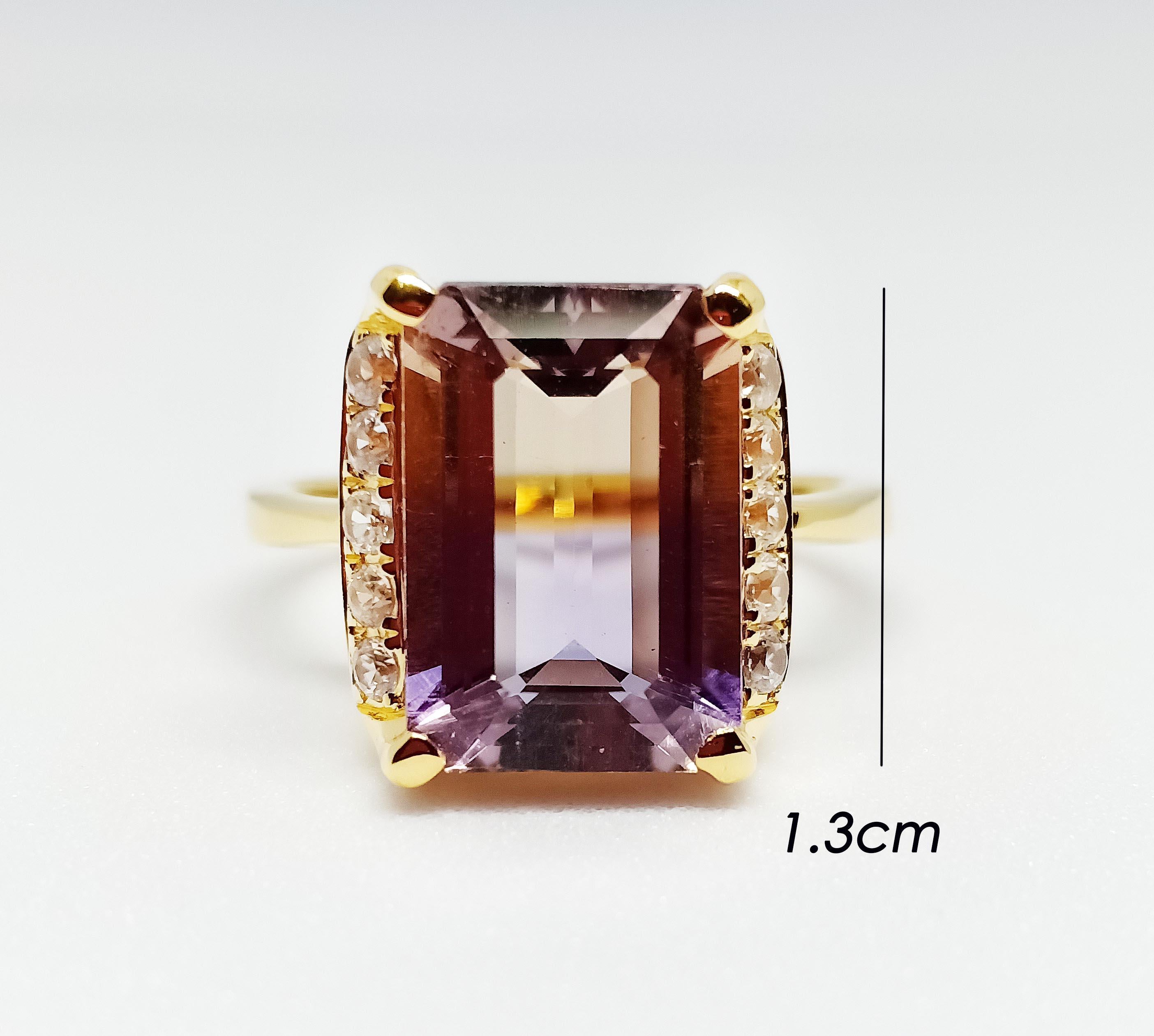 Ametrine (Bi Color) octagon shape size : 13x10 mm. 4.50cts.
White Zircon Round (natural gemstones) 
18K gold Plated over Sterling Silver 925. 
Size 7.5 US. 55.7 circumference

Can be smaller resizable not upper size. take up 7 days before