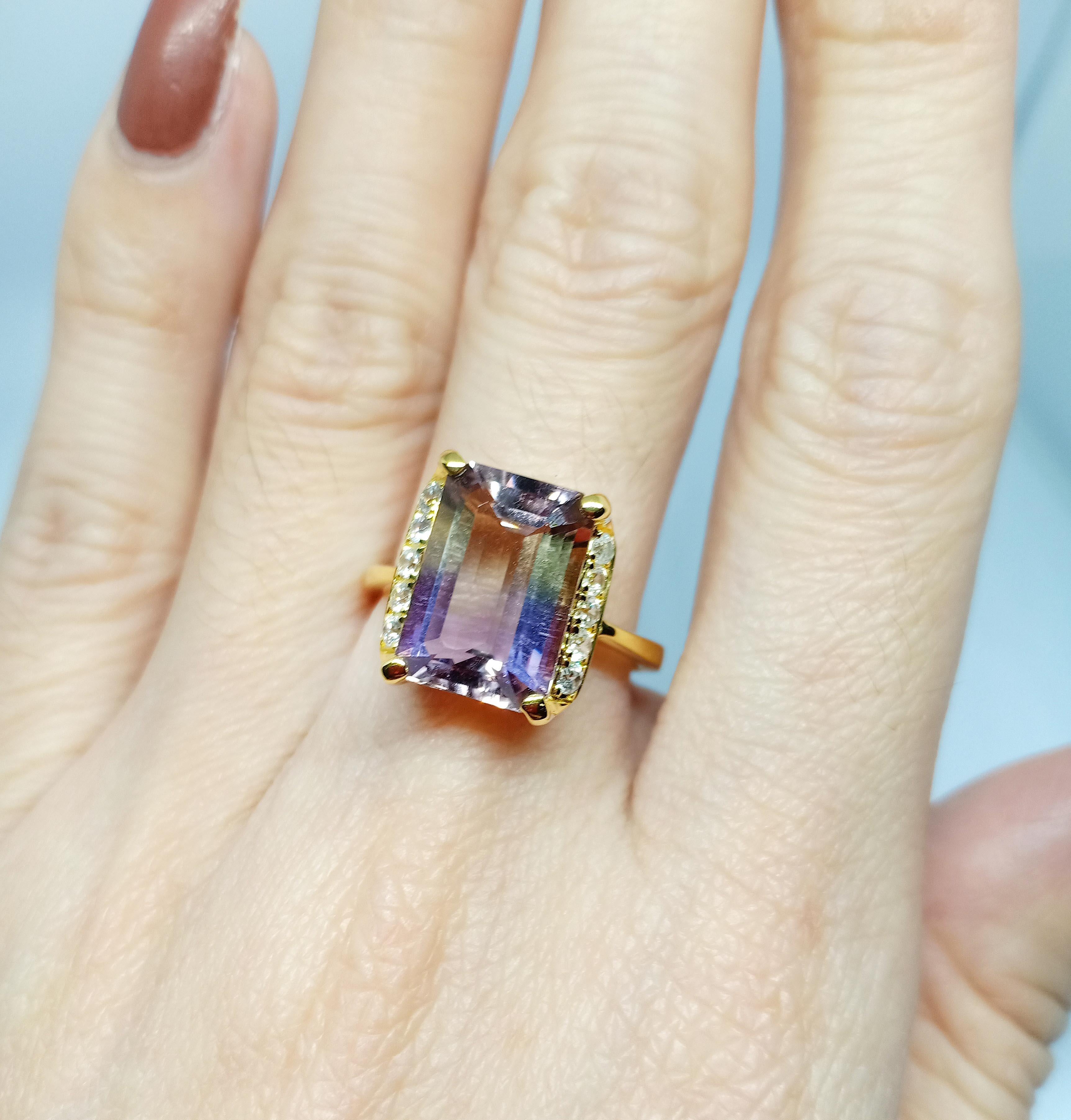 Women's Ametrine Ring 4.50ct , white zircon 18K gold plated on over sterling silver For Sale