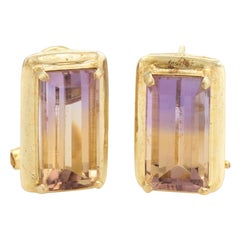 Ametrine Square Stud Earrings Vintage 14 Karat Yellow Gold Estate Fine Jewelry