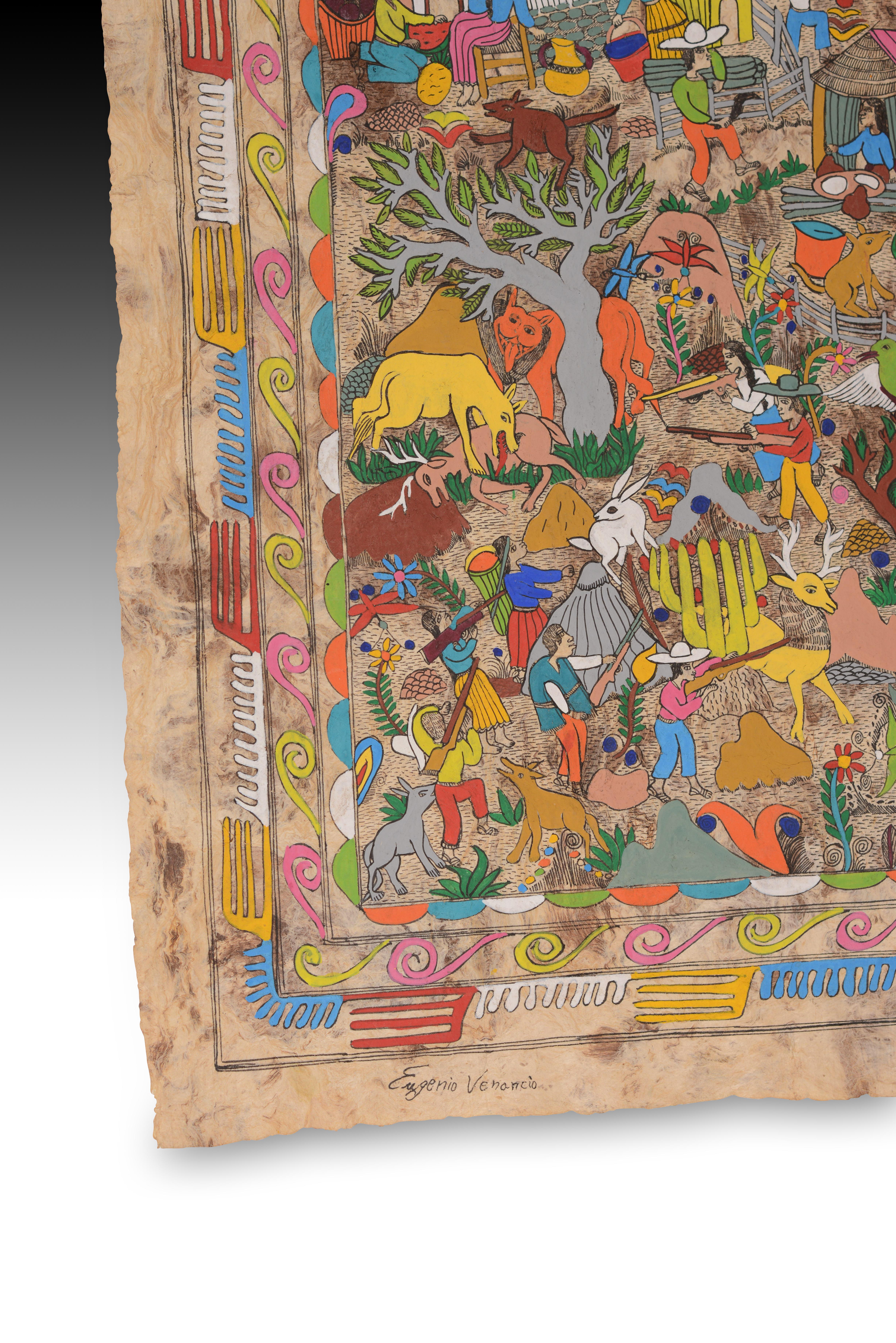 Ameyaltepec, Guerrero. Tempera auf Papier. Venancio, Eugenio. Mexiko, 20. Jahrhundert. 
Naive ländliche Landschaft, rechts unten betitelt und links unten signiert, mit Menschen, Gebäuden, Tieren und Pflanzen in verschiedenen Posen, eingerahmt von