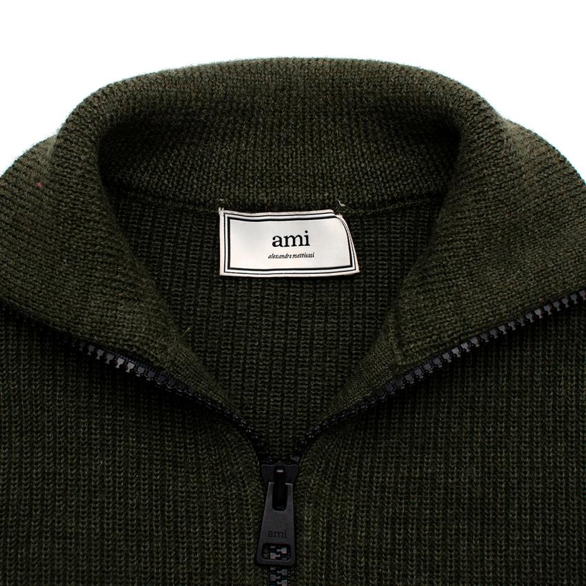 Ami Dark Green Zip-Front Knitted Sweater In Excellent Condition For Sale In London, GB