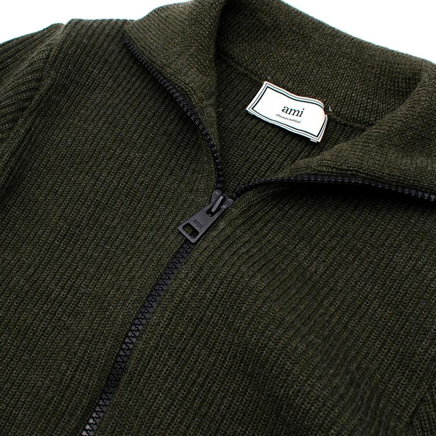 Men's Ami Dark Green Zip-Front Knitted Sweater For Sale