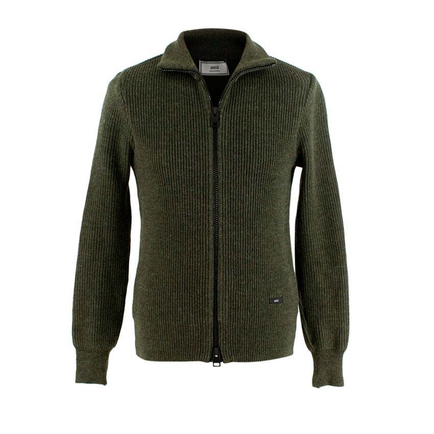 Ami Dark Green Zip-Front Knitted Sweater For Sale