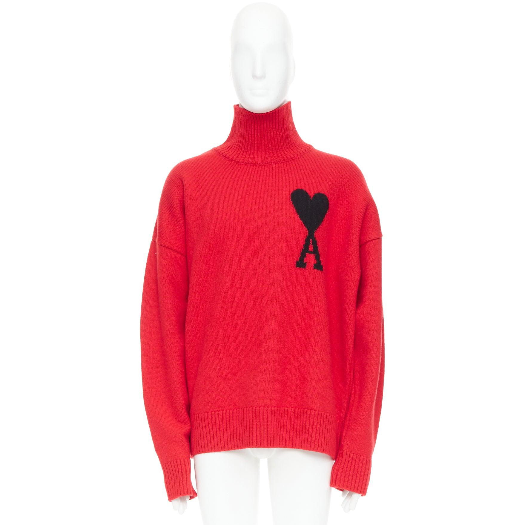 AMI de Coeur red virgin wool black heart logo turtleneck sweater L For Sale 4