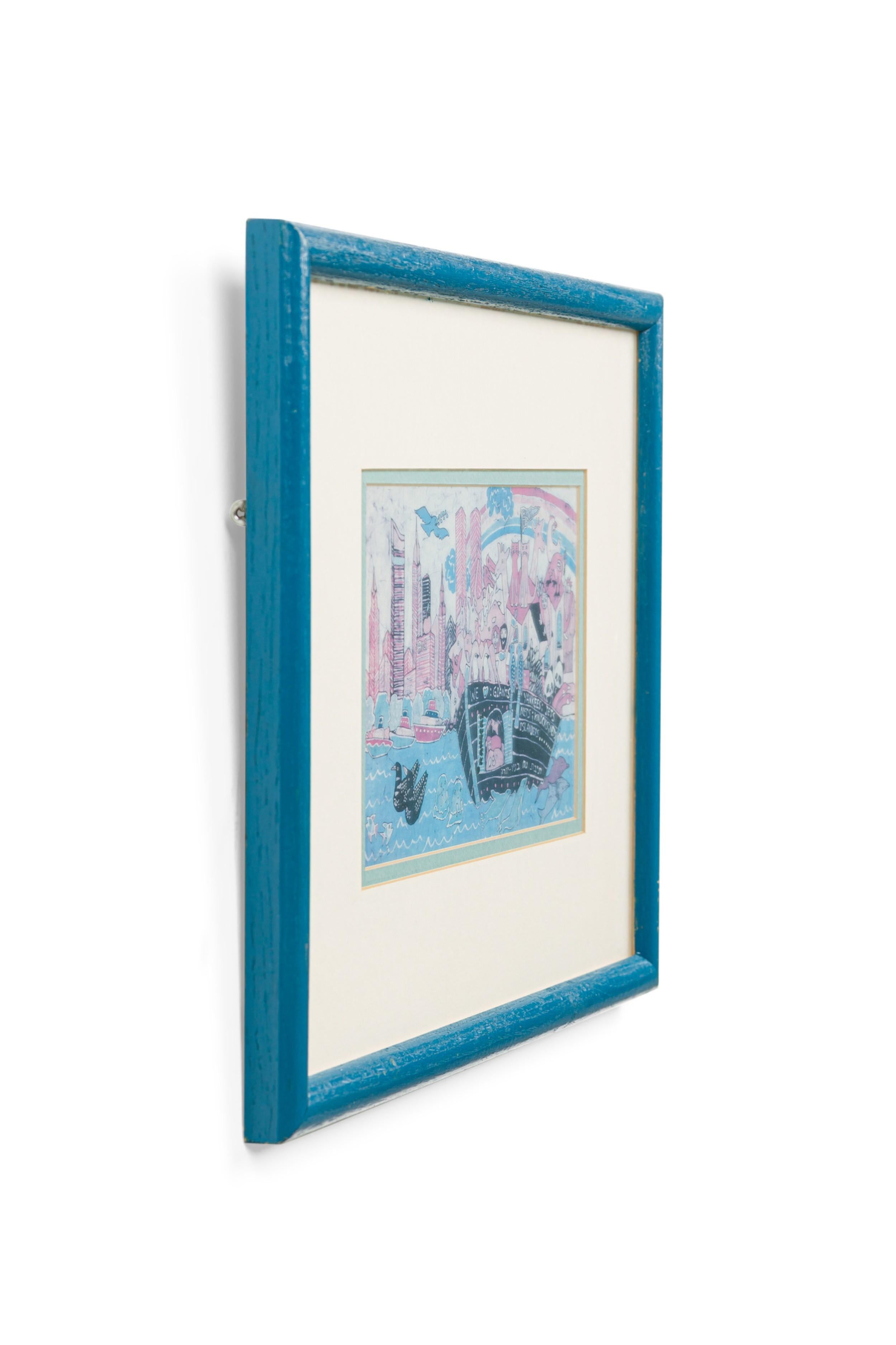 Gravure américaine du milieu du siècle dans un cadre bleu avec un bateau rempli d'une paire d'animaux différents et la ligne d'horizon de New York (intitulée 