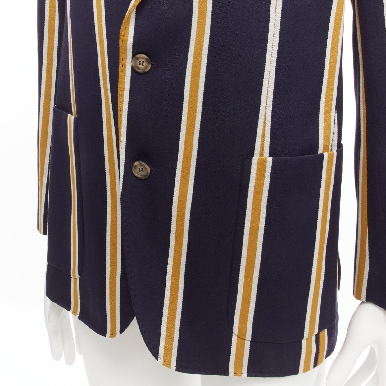 AMI yellow navy stripes wool cotton 3 pockets preppy schoolboy blazer IT50 L
Reference: JSLE/A00060
Brand: Ami
Material: Wool, Cotton
Color: Yellow, Navy
Pattern: Striped
Closure: Button
Extra Details: Double vent back.
Made in: