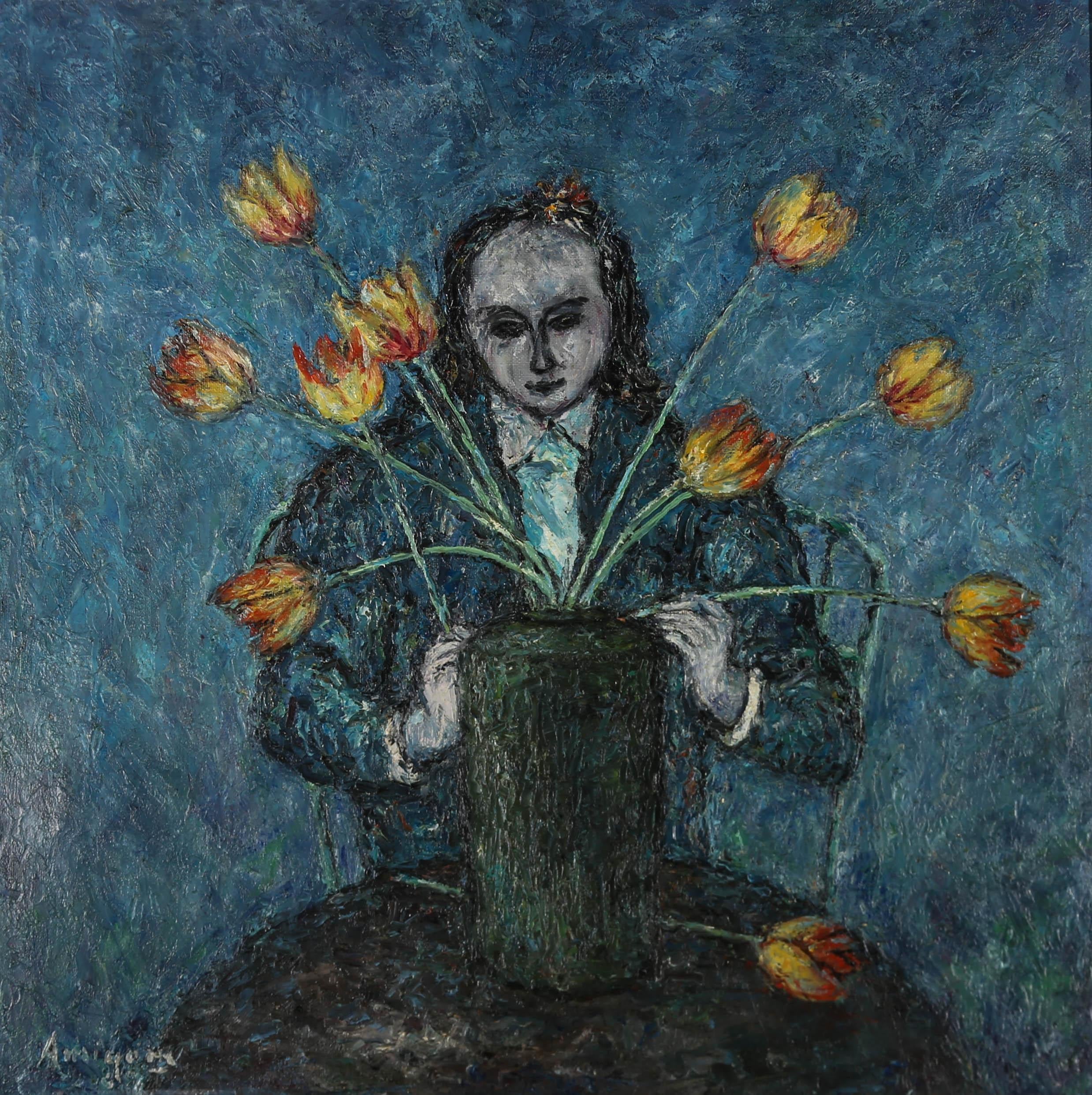 Amigone - Huile impressionniste contemporaine, Jeune fille avec tulipes en vente 1