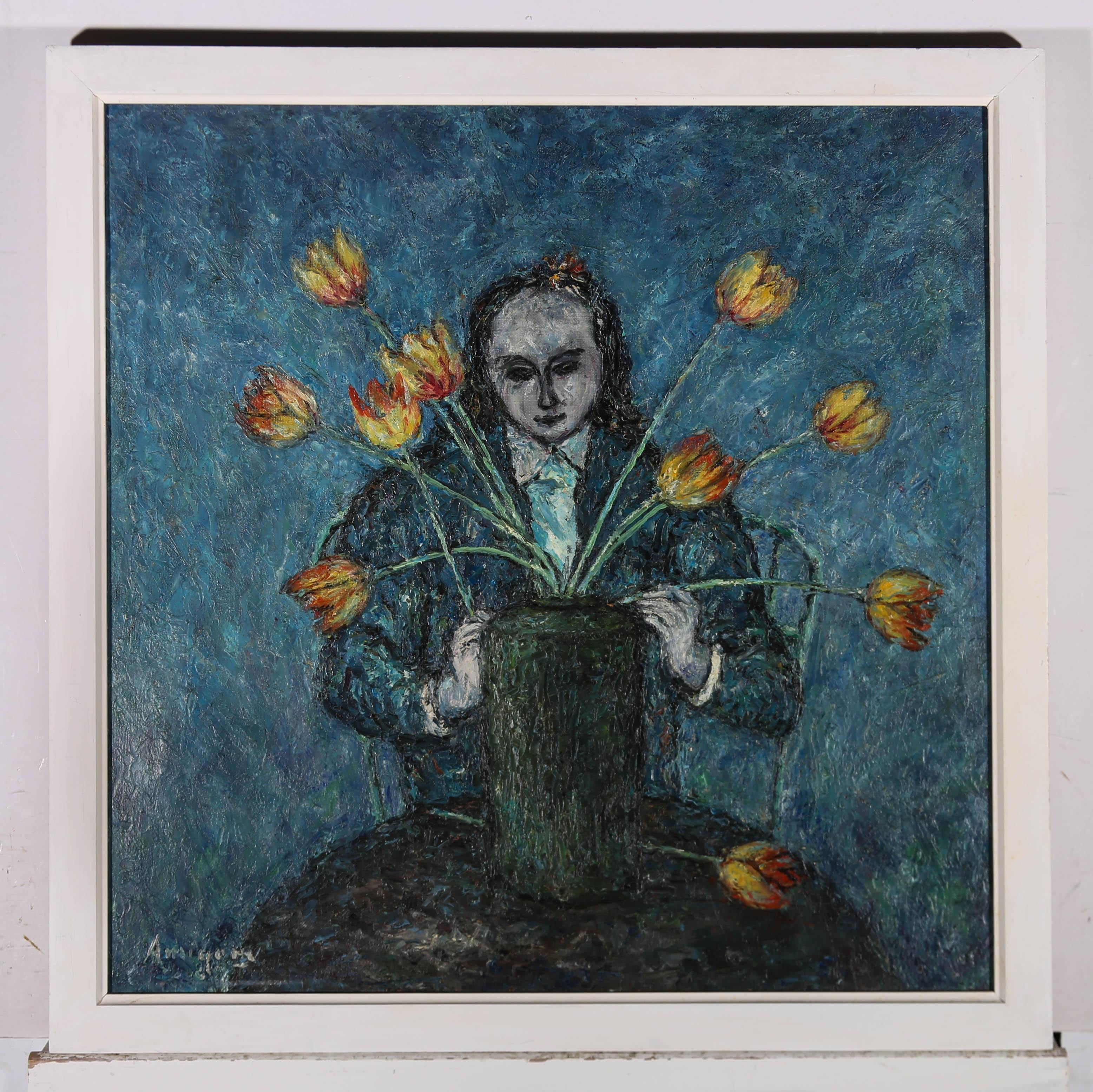 Amigone - Impressionist Contemporary Oil, Girl with Tulips For Sale 2