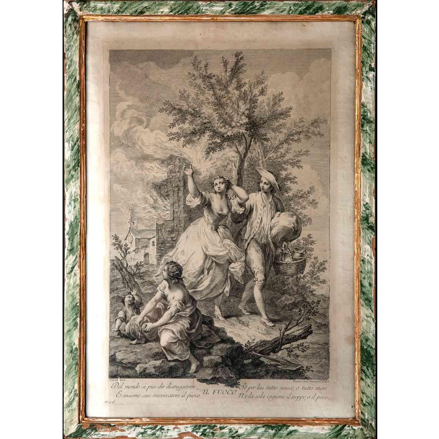 Etched Amigoni Set of Four Italian Engravings circa 1730 Four Elements Allegory Framed