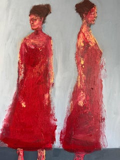 Peinture figurative contemporaine à l'acrylique sur toile. Figurines de femmes vêtues de rouge.