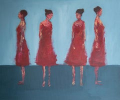Peinture figurative contemporaine à l'acrylique sur toile. Figurines de femmes vêtues de rouge.