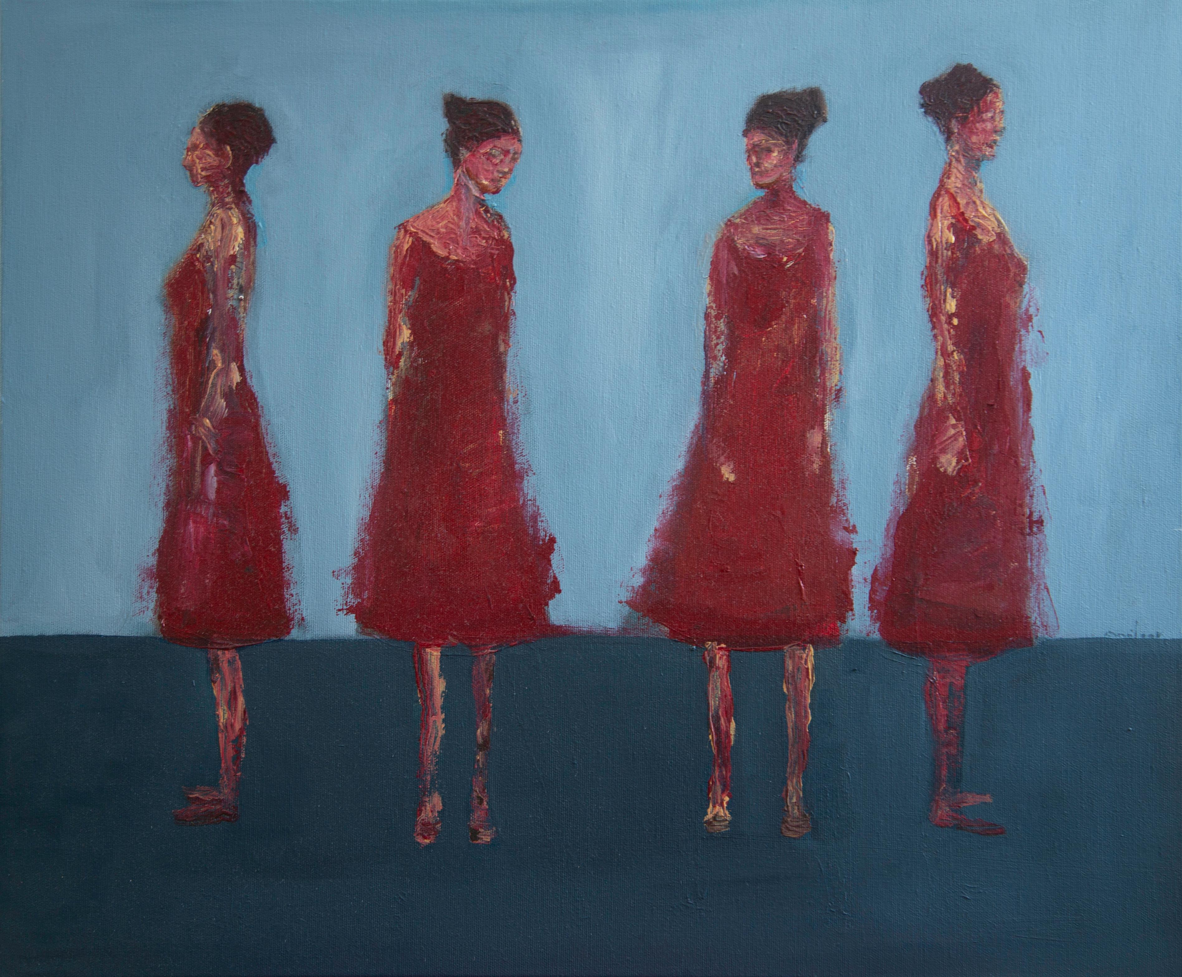 Contemporary Figurative Oil Painting on Canvas. Red Dressed Women Figurines.