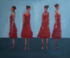 Pittura figurativa contemporanea a olio su tela. Statuette di donne vestite di rosso.