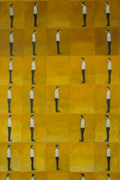 Pintura figurativa contemporánea. Acrílico sobre lienzo. Figuras de hombres, amarillo ocre