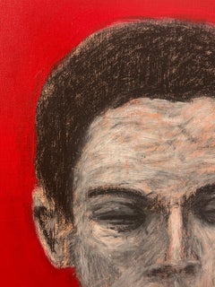 Figurative Mann Porträt in rotem Hintergrund, Öl auf Leinwand von mexikanischen Künstler