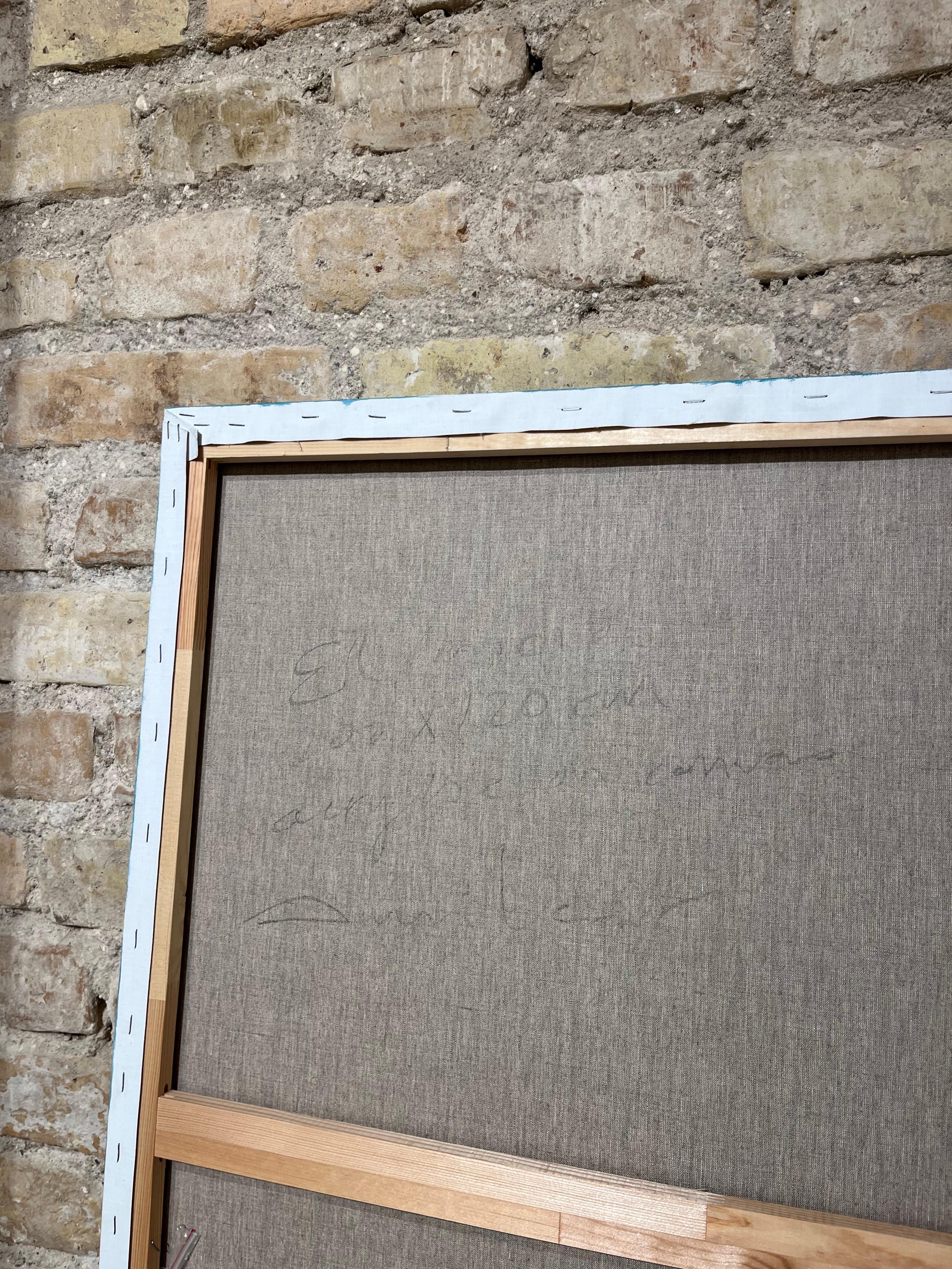 Malerei Acryl auf Leinwand. Blauer Meereshorizont mit Papierbooten und einem Ehepaar. im Angebot 5