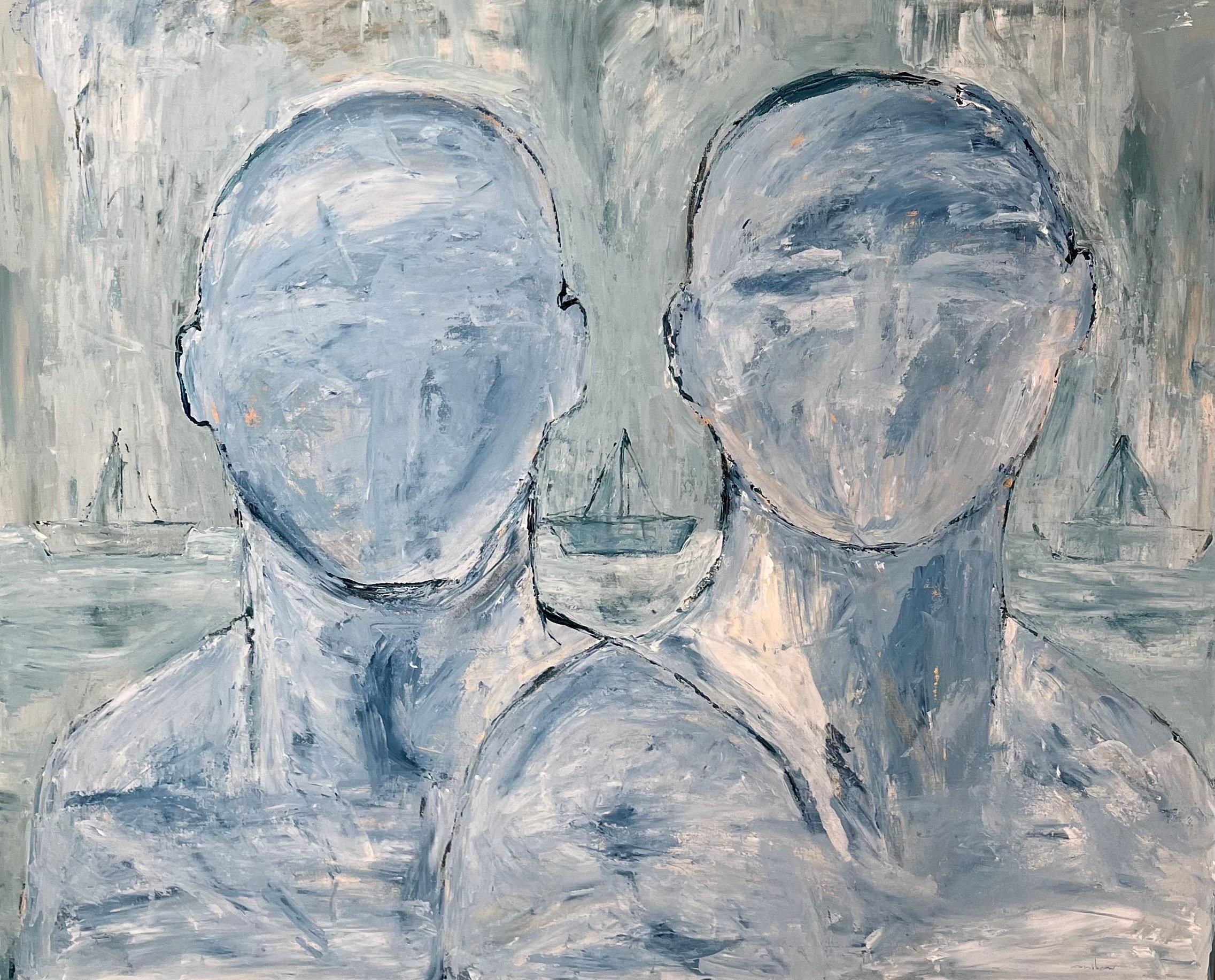 Malerei Acryl auf Leinwand. Blauer Meereshorizont mit Papierbooten und einem Ehepaar. – Painting von Amilcar Rivera M.