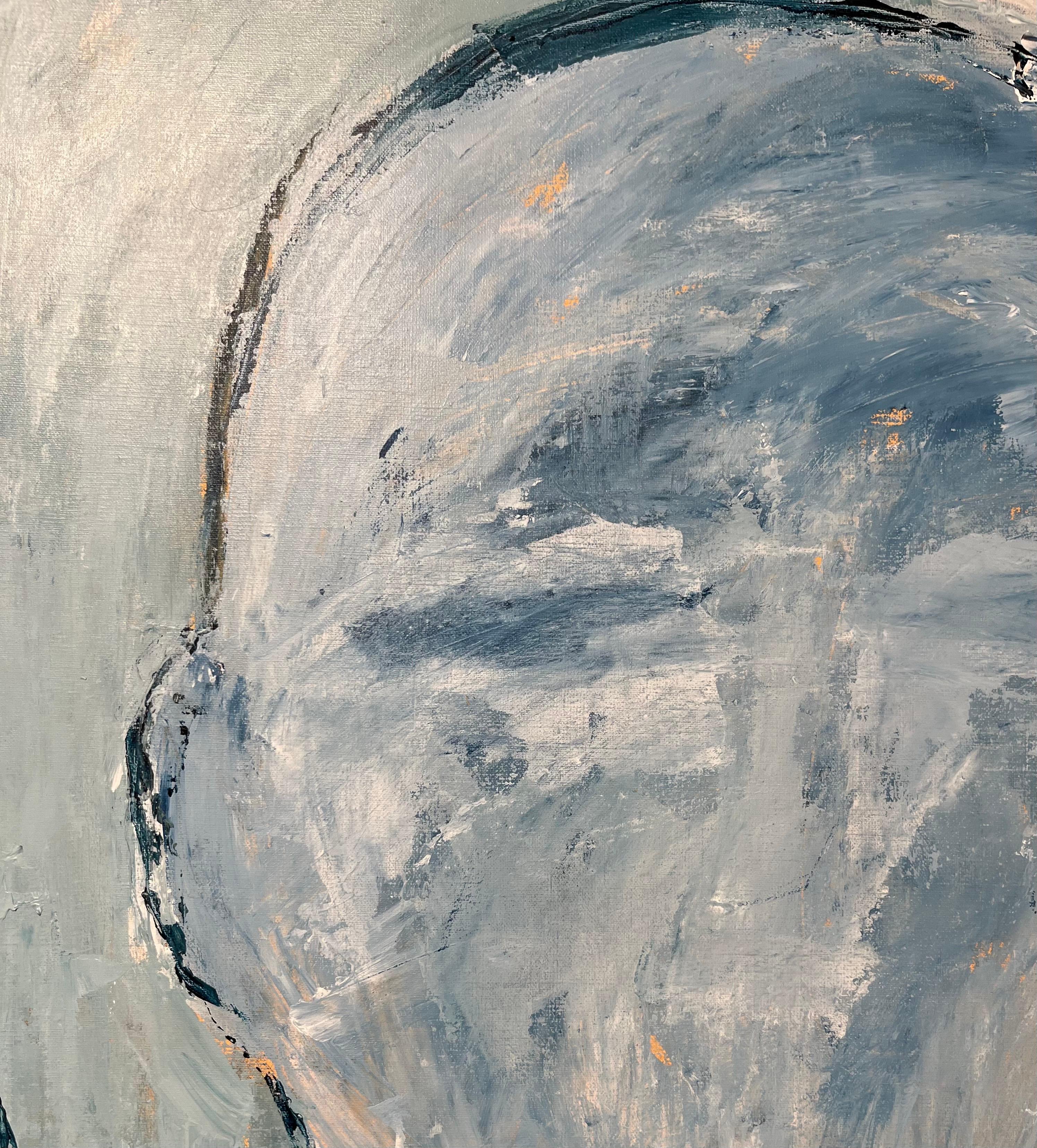 Malerei Acryl auf Leinwand. Blauer Meereshorizont mit Papierbooten und einem Ehepaar. (Grau), Abstract Painting, von Amilcar Rivera M.