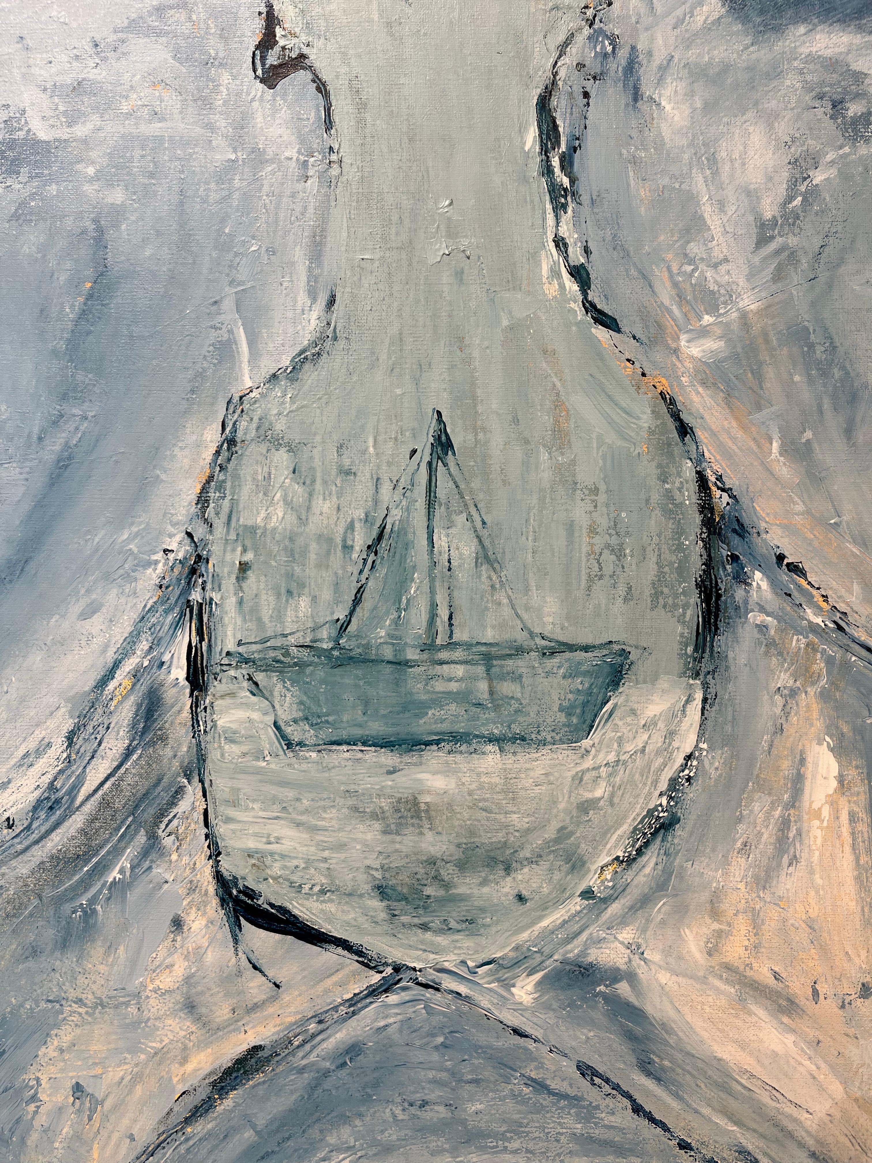 Malerei Acryl auf Leinwand. Blauer Meereshorizont mit Papierbooten und einem Ehepaar. im Angebot 1