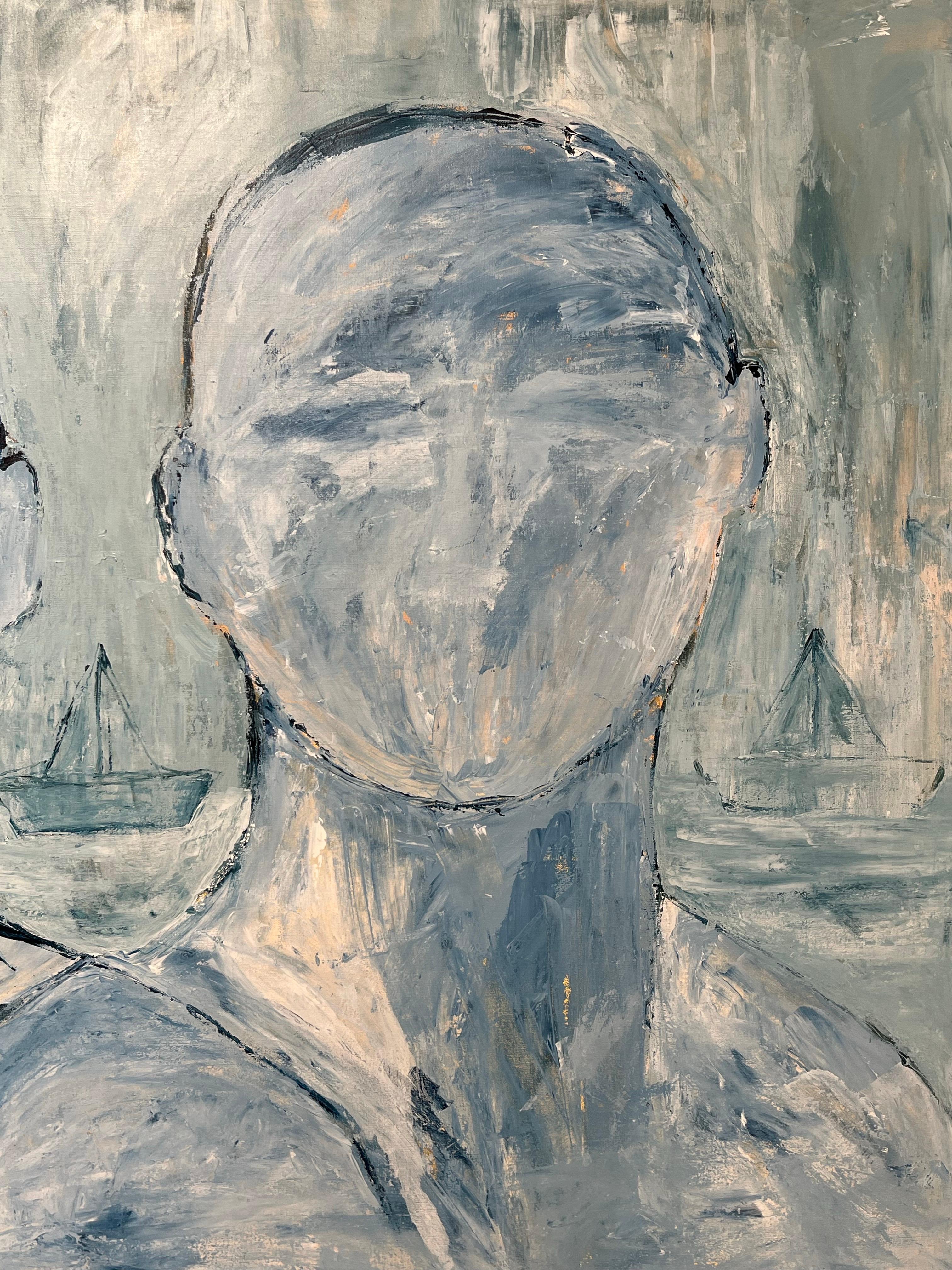 Malerei Acryl auf Leinwand. Blauer Meereshorizont mit Papierbooten und einem Ehepaar. im Angebot 3