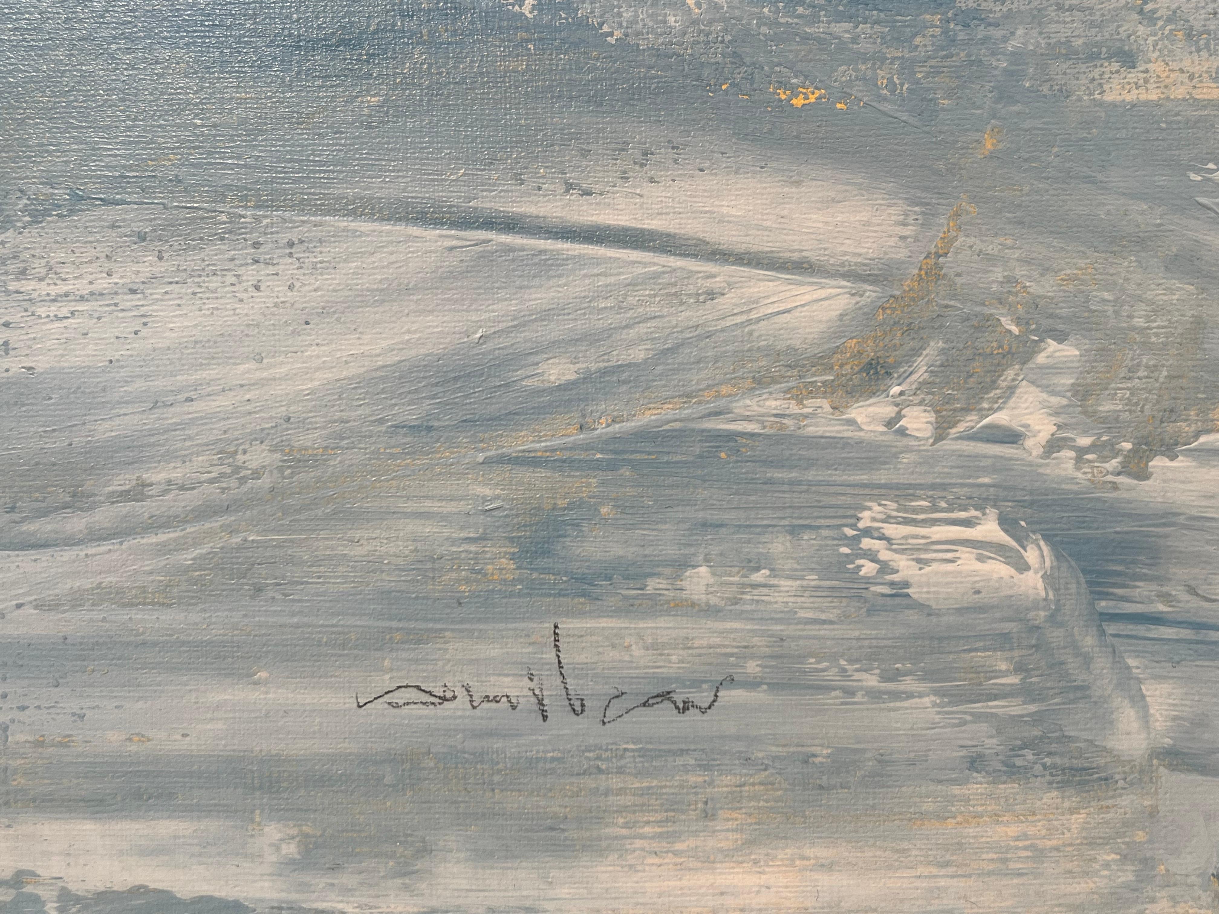 Malerei Acryl auf Leinwand. Blauer Meereshorizont mit Papierbooten und einem Ehepaar. im Angebot 4