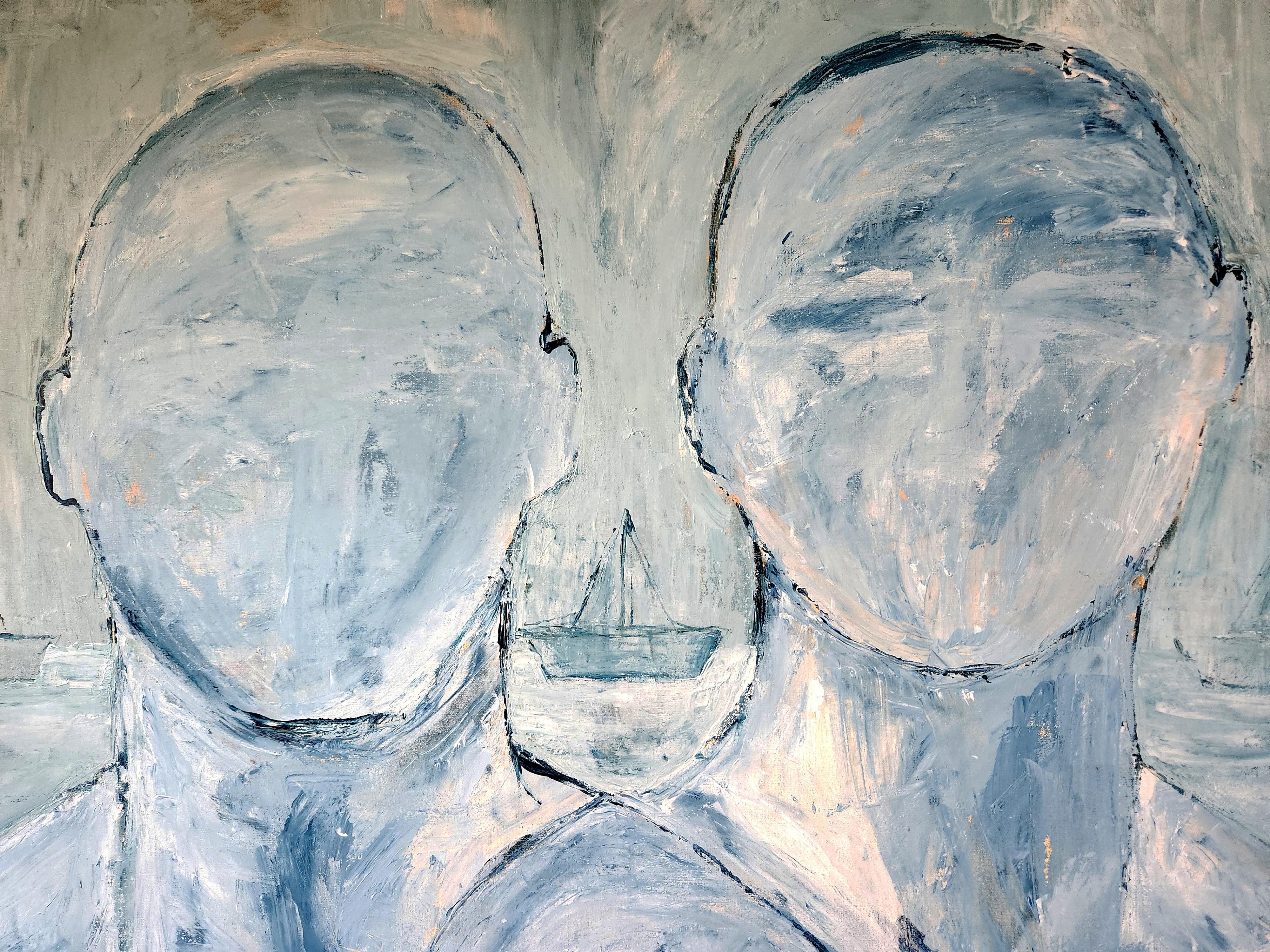 Malerei Acryl auf Leinwand. Blauer Meereshorizont mit Papierbooten und einem Ehepaar.