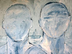 Pittura acrilica su tela. Orizzonte marino blu con barche di carta e una coppia.