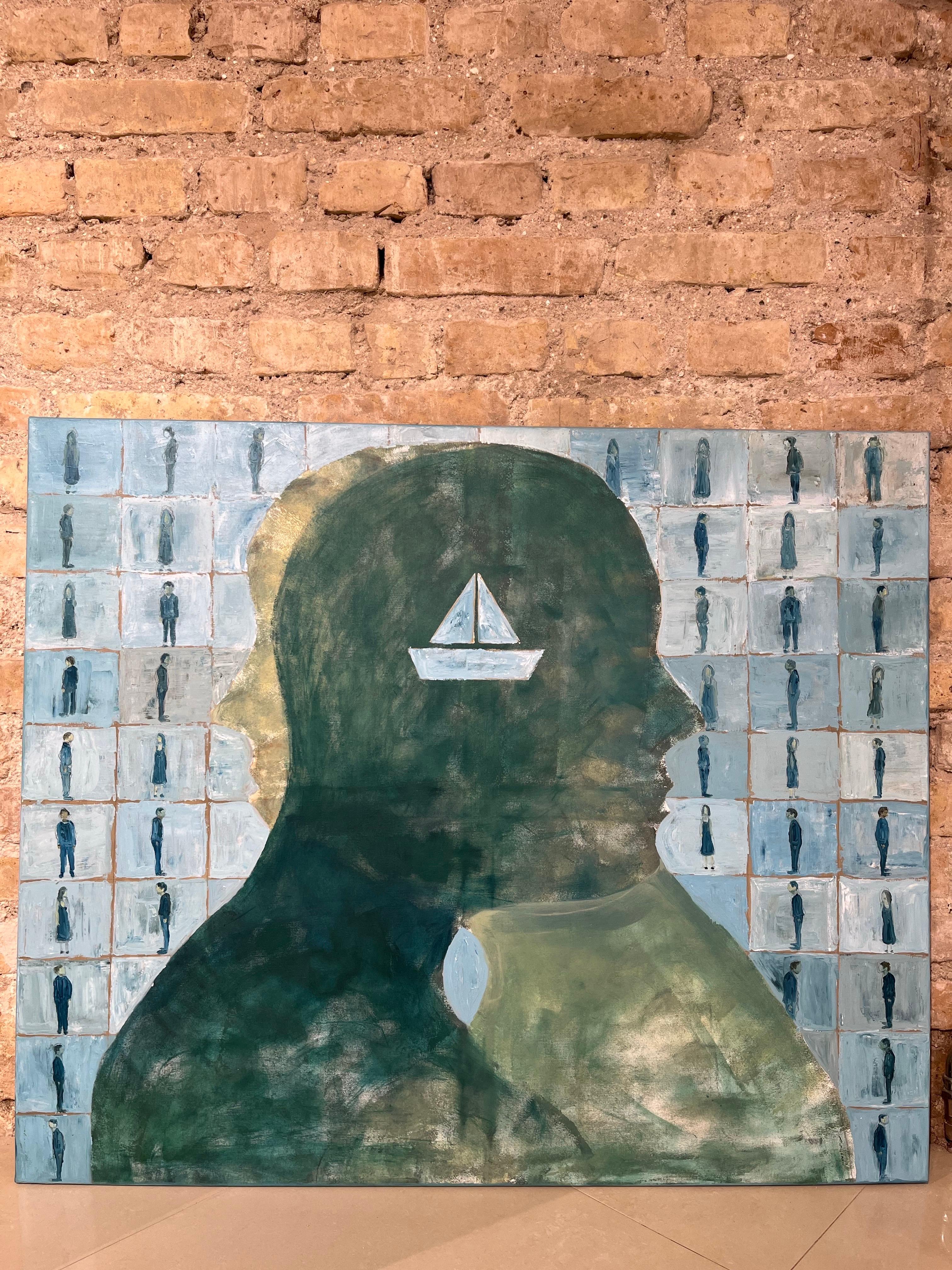 Gemälde Acryl auf Leinwand Menschliche Kommunikation Blau- und Grüntöne Landschaft im Angebot 1