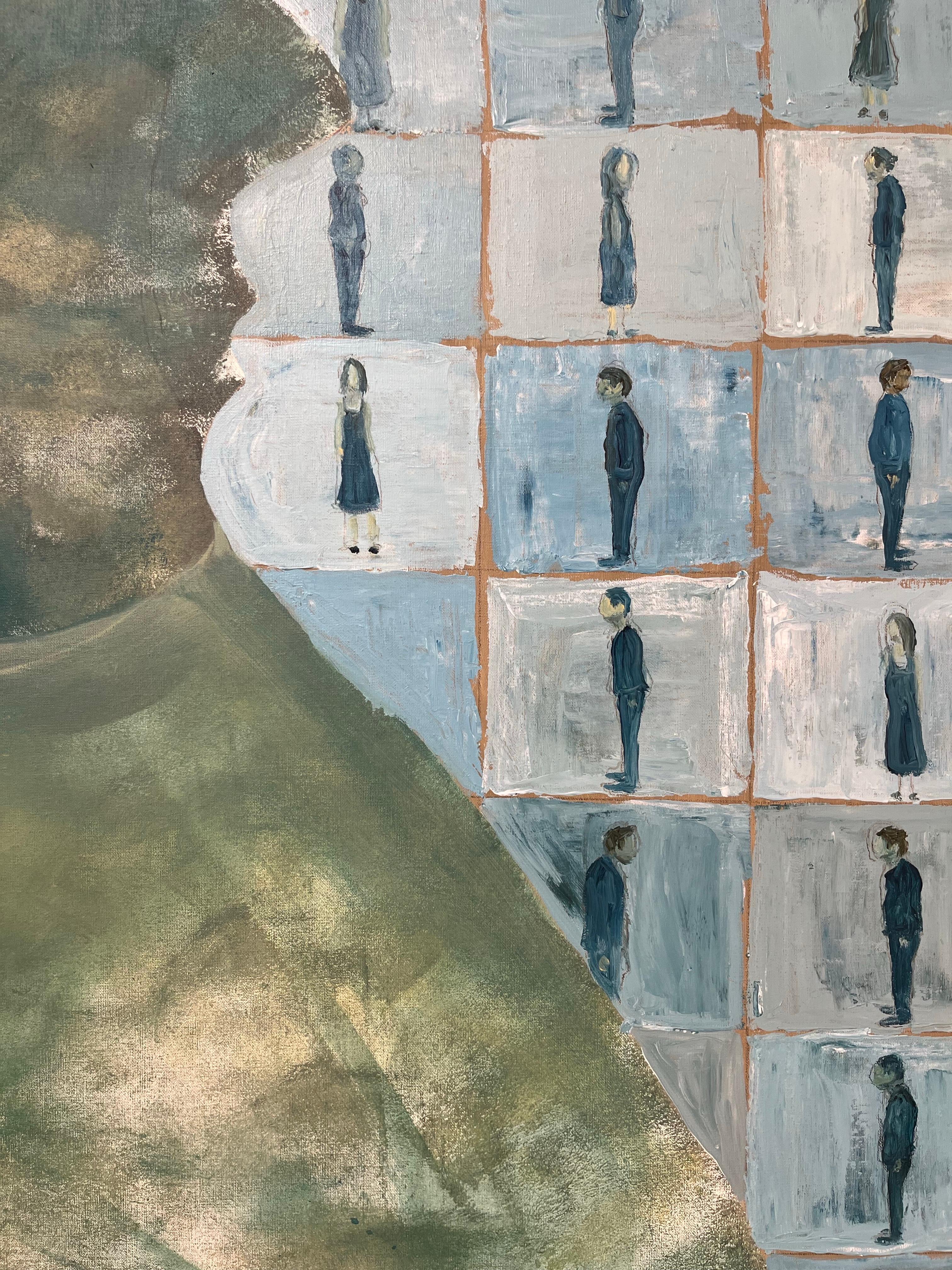 Gemälde Acryl auf Leinwand Menschliche Kommunikation Blau- und Grüntöne Landschaft im Angebot 3