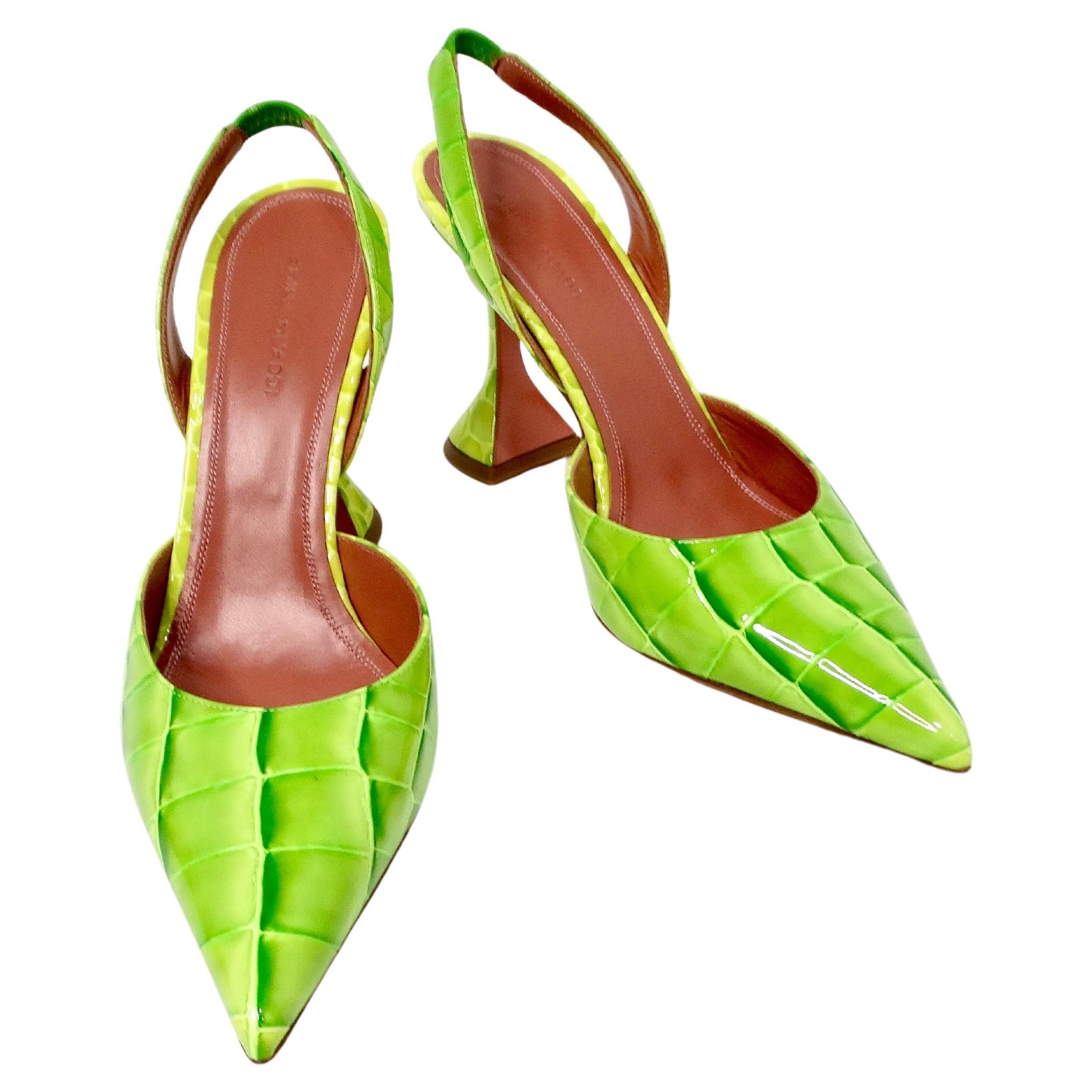 Amina Muaddi Begum Neon Green Croc Embossed Patent Leather Slingback Pumps