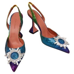Amina Muaddi Begum Ombre Rainbow Metallic Suede Slingback Pumps