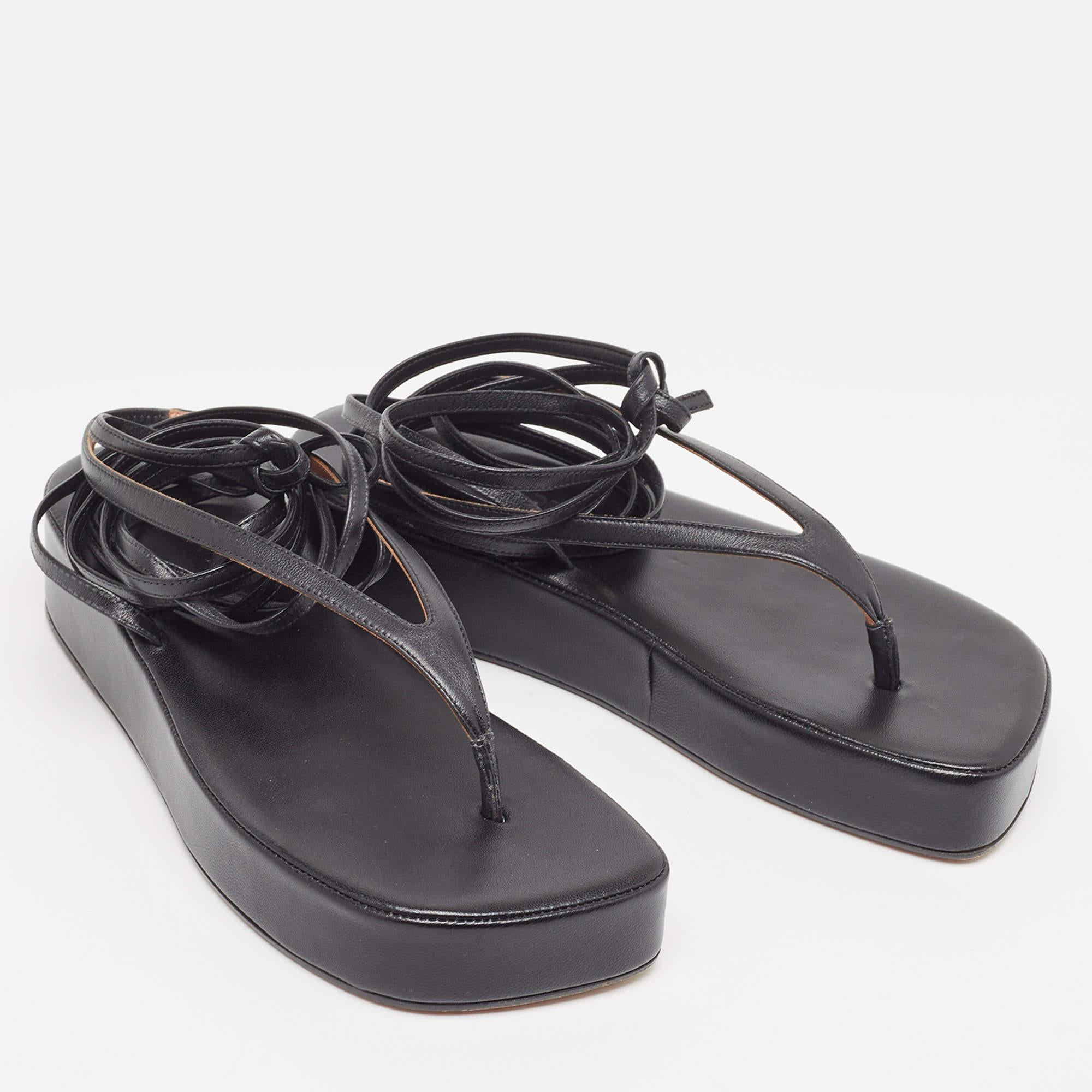 Women's Amina Muaddi Black Leather Jamie Platform Ankle Wrap Sandals Size 37